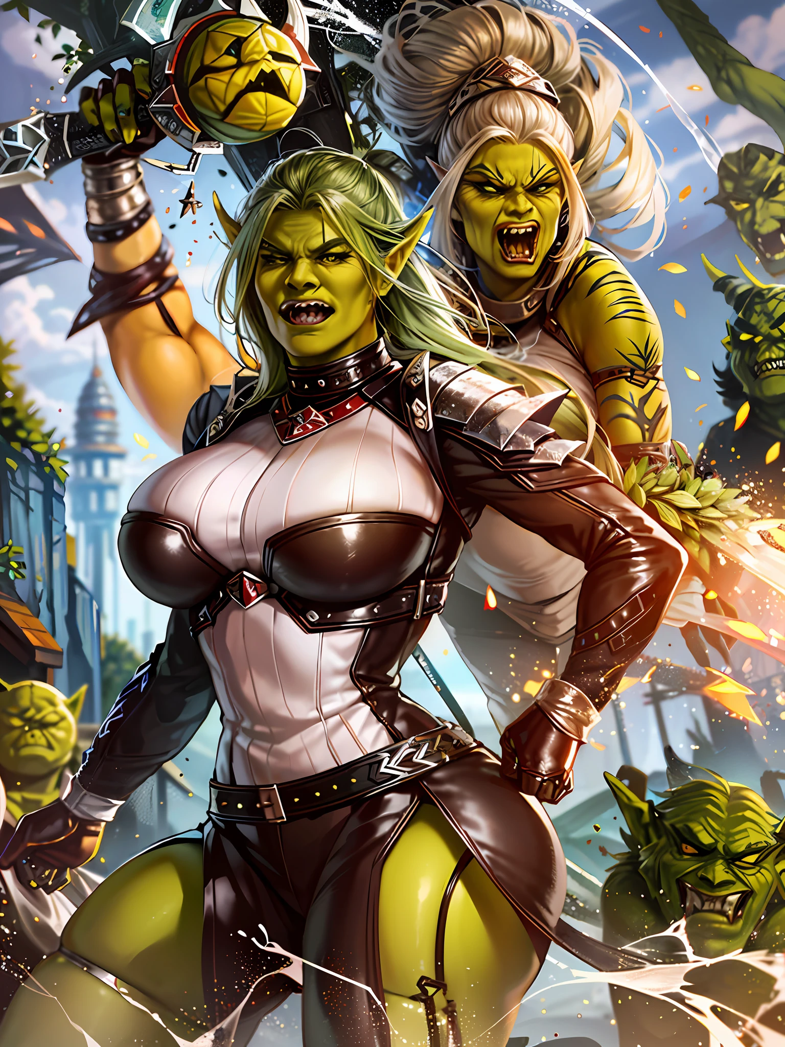 (A closeup of a woman in a leather suit with a sword), (((female orc)))), (((female green orc)))), thematic orc, (warrior orc), (a very beautiful berserker woman), (female druid forest orc), ((alone))