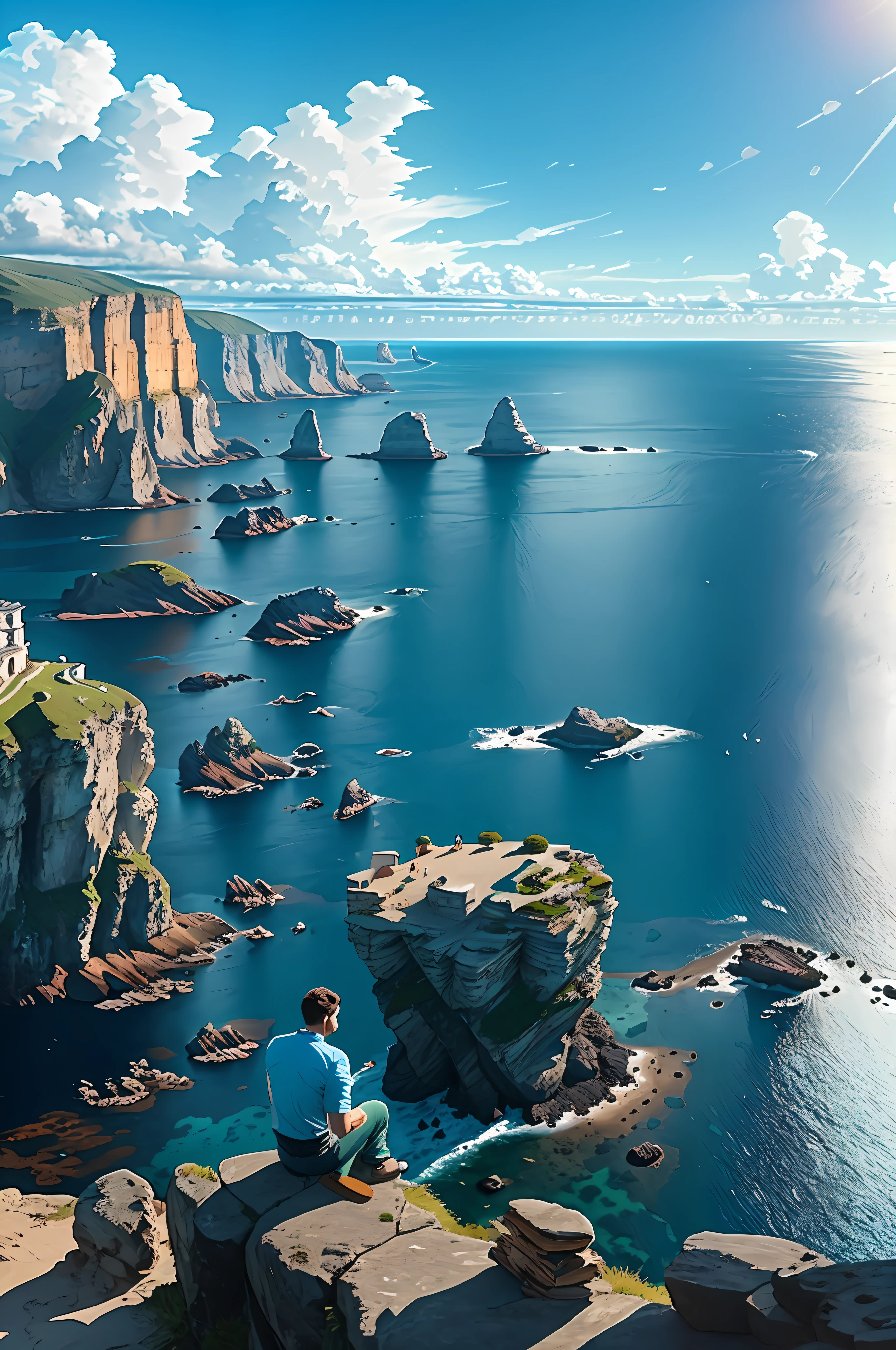 there is a man sitting on a cliff overlooking the ocean, max rive, ocean cliff view, breathtaking scenery, by Alexander Kucharsky, by Etienne Delessert, alexey egorov, breathtaking landscape, epic matte painting of an island, epic scenic shot, epic and stunning, cliffside ocean scene, amazing landscape in background, breathtaking shot, amazing landscape