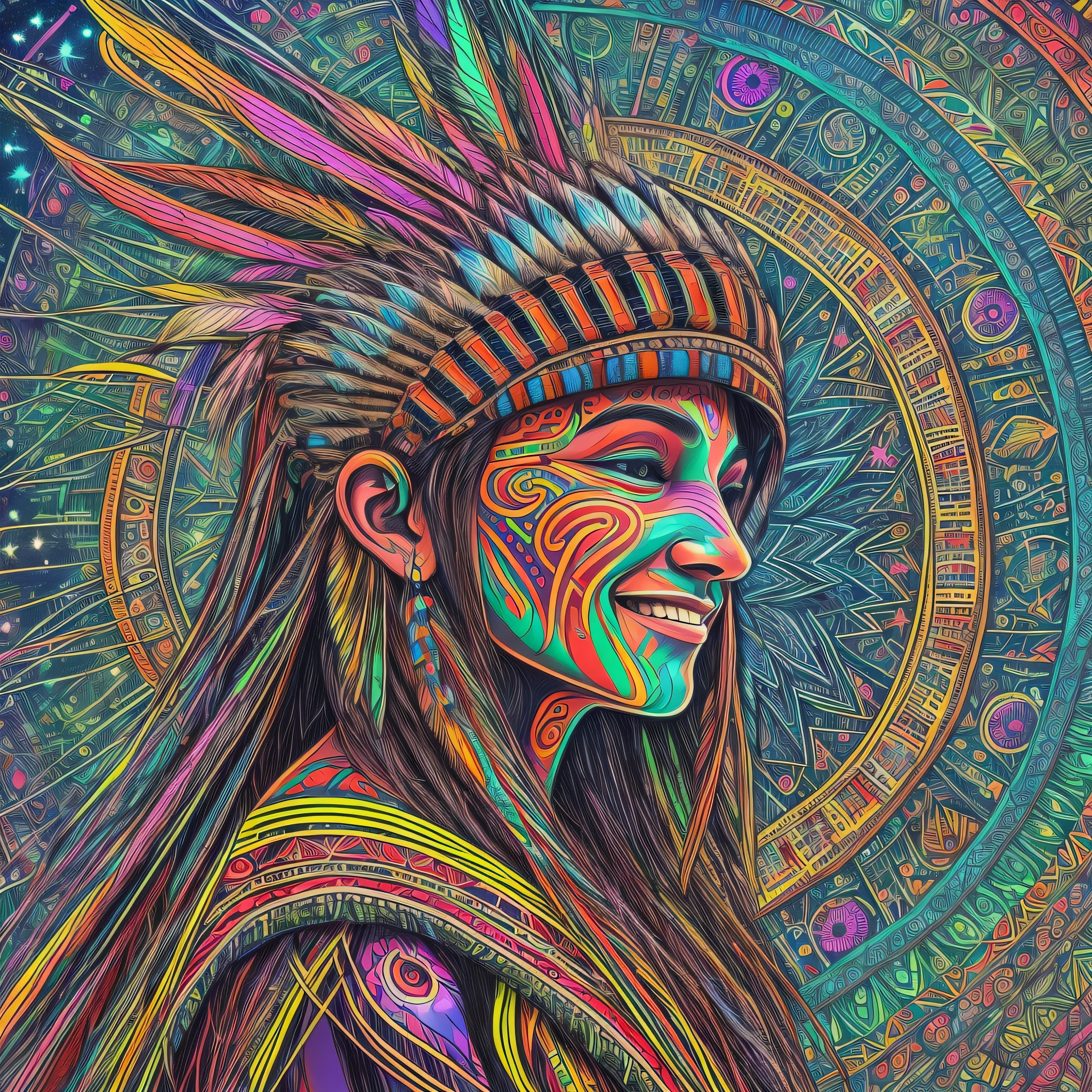 Indigenous in profile, with a headdress of psychedelic lights, smiling face, looking at a window with four glasses, which through them there are lights of stars --auto --s2