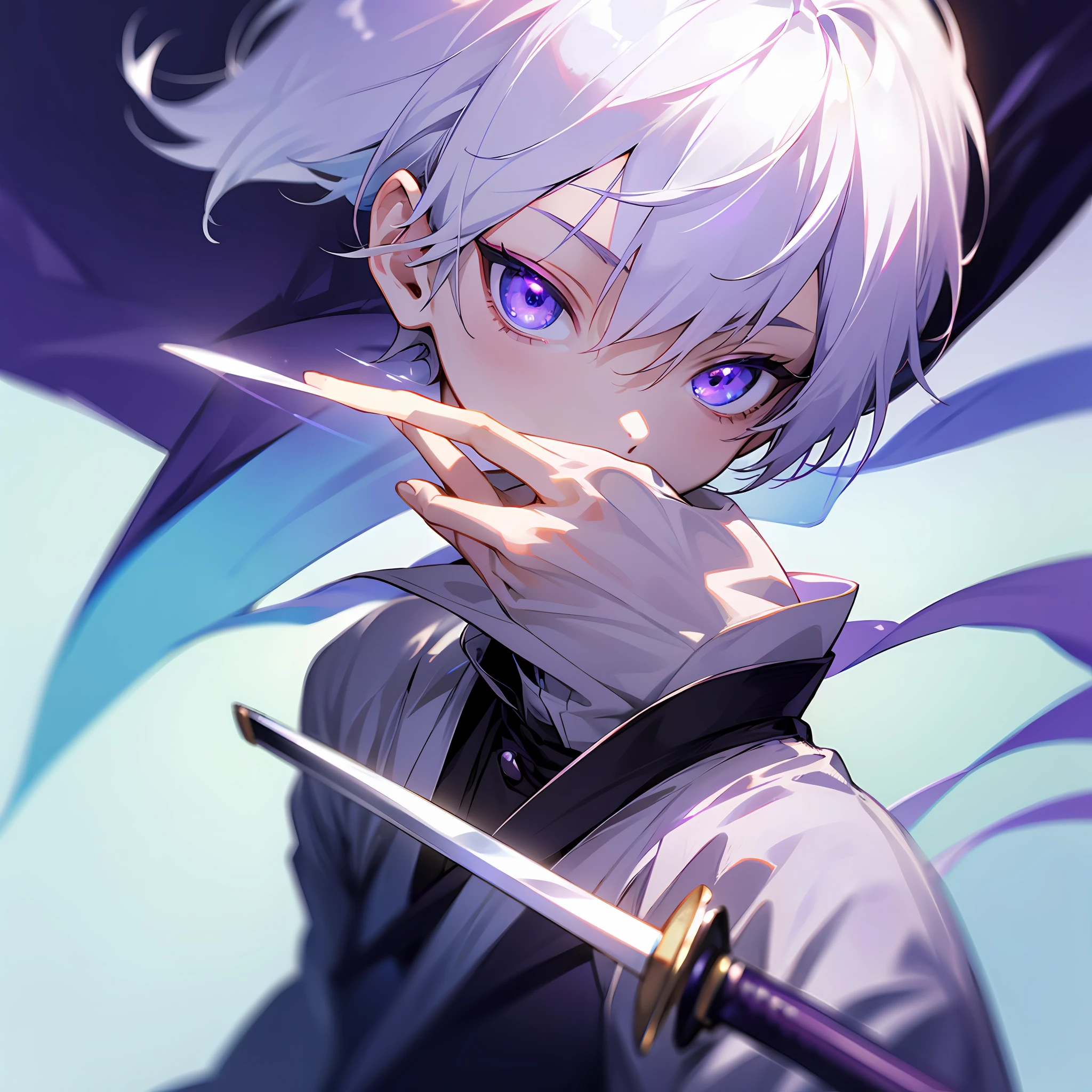 white skin, ultra beautiful face, sigurando a katana, small sword, ambient light, pessonage, anime, boy with short hair, silver white, purple eyes, beautiful eyes, shy, Maximum quality.