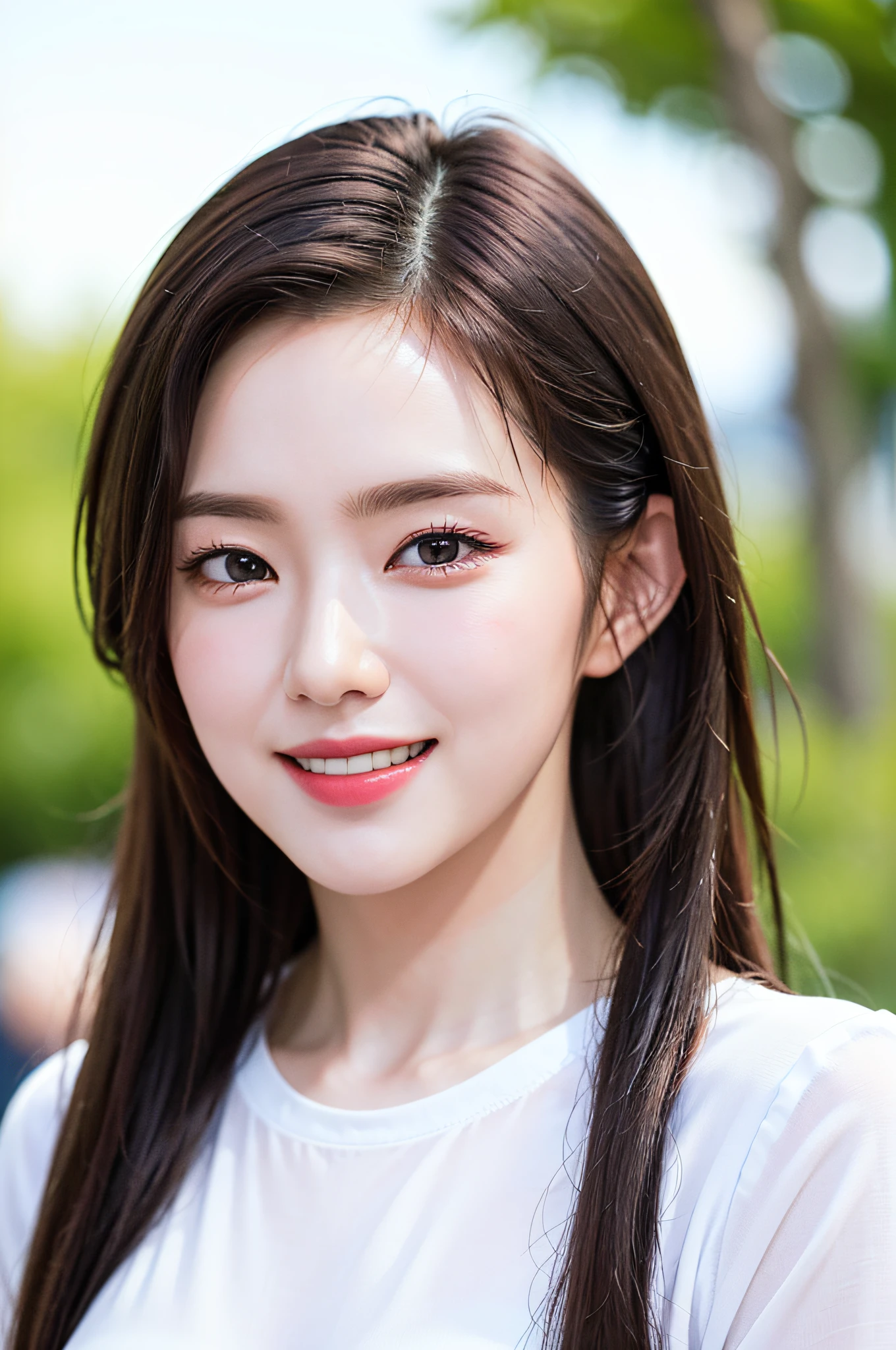 Very detailed eyes, very detailed face, best quality, masterpiece, very detailed, ultra-detailed, (realistic, photorealistic: 1.3), smile, (facing forward), looking at the audience, white shirt, sunny, outdoors, 1girl upper body, middle breast