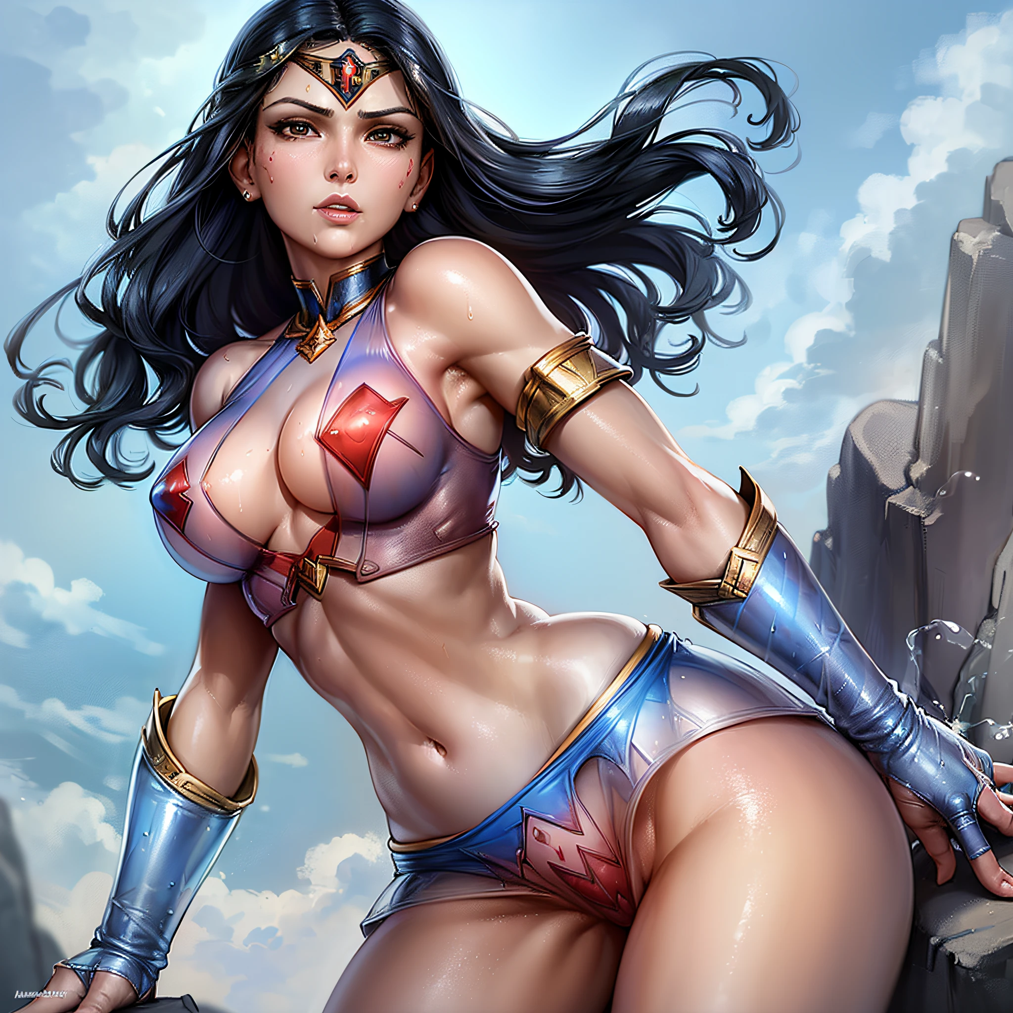 A closeup of wonder woman standing on a rock, extremely detailed transparent artgerm, transparent comic artgerm, using blue and red alloy, (using, ((vaporous:1.2) (transparent:1.2) (white: 0.6) (chiffon) (crop top) grasped (wet: 1.4) skin): 1.2))), large and detailed breast beak