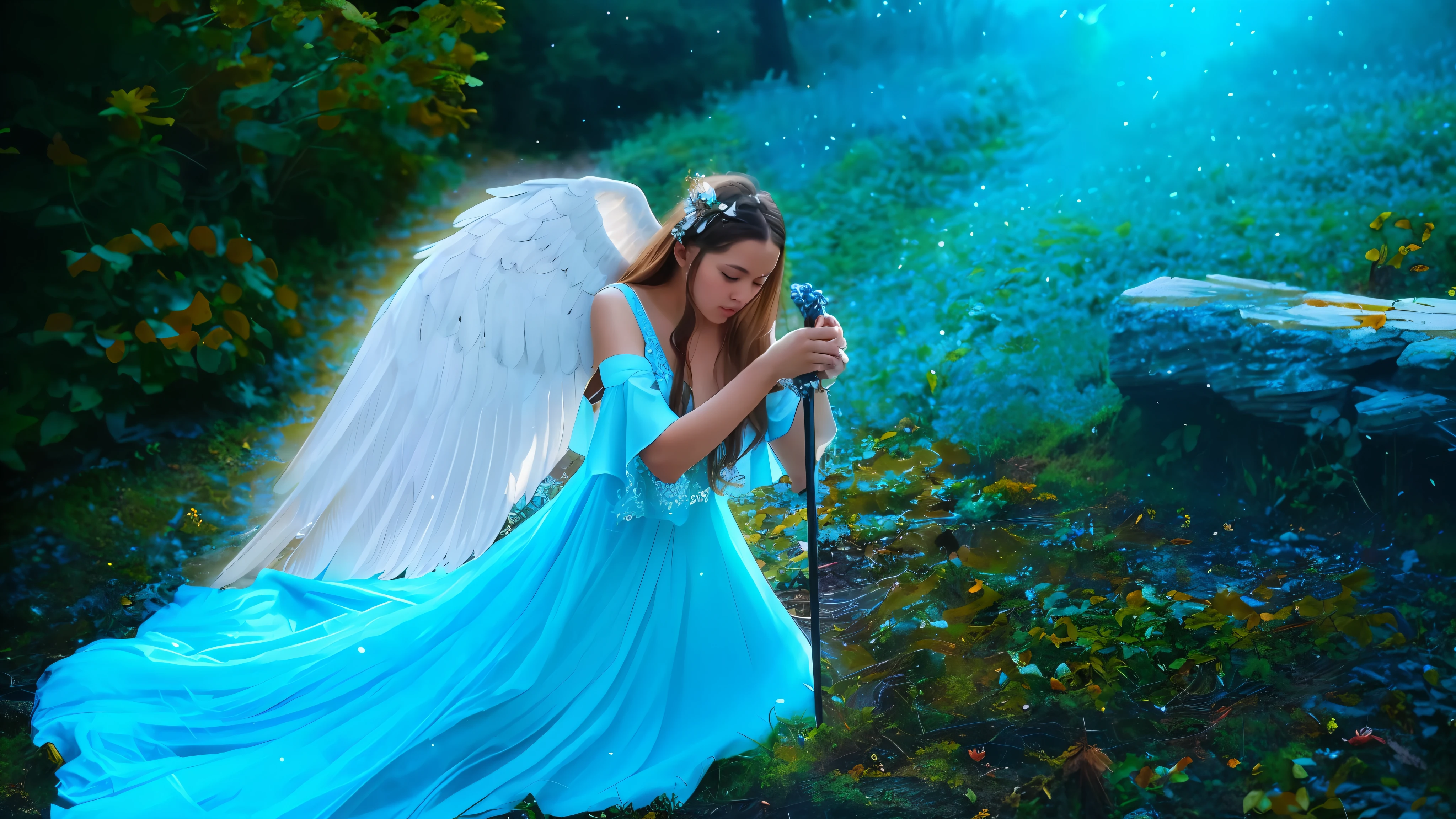 there is a woman in a blue dress holding a stick, beautiful angel, of a beautiful angel woman, beautiful female angel, beautiful angel, an angel of dawn light, fantasy fairy tale story, beautiful angelic wings, woman with angel wings, beautiful adult fairy, angel woman, portrait of a beautiful angel, fantasy photography, angelic, beautiful fairy, angelic wings --auto --s2