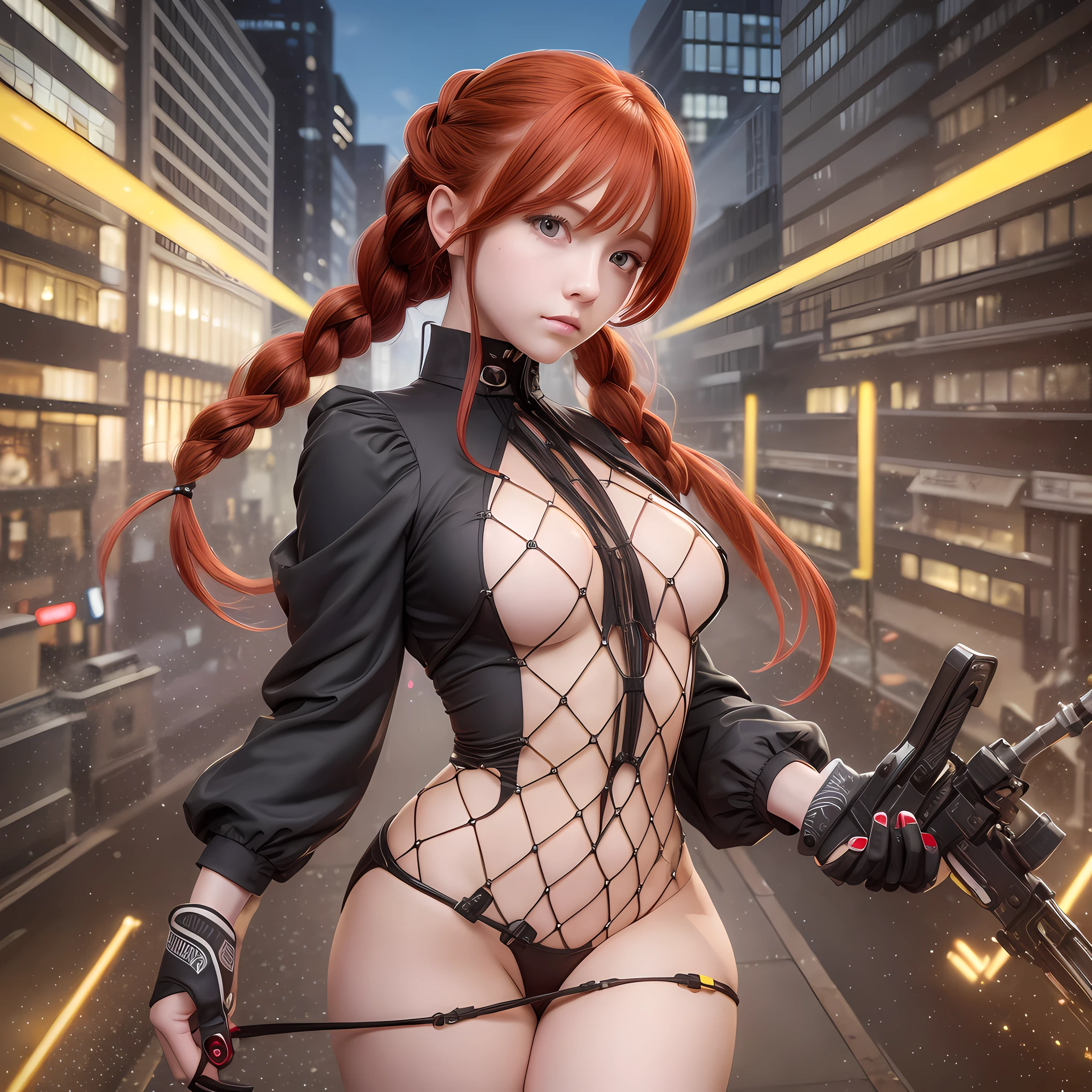 Adolescent, best quality, ultra detailed, redhead, yellow eyes, makima, man electric saw, anime, black tie, hair with braids, transparent blouse, full body vision.