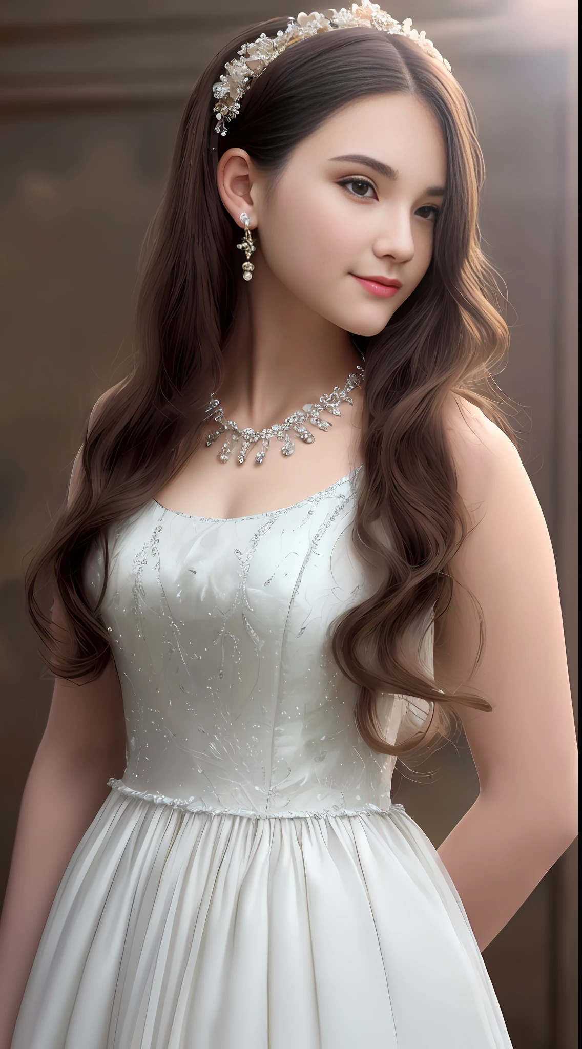 Best Quality, Masterpiece, High Resolution, 1girl, Clear Silk Porcelain Dress, Pretty Face, Hair Accessories, Look at the Audience, Smile, Close Mouth, Lips, Dress, Hair Accessories, Necklaces, Jewelry, Long Hair, Earrings, Beautiful Face, Body, Tindal Effect, Realism, Shadow Studio, Edge Lighting, Two-Color Lighting, (High Detail Skin: 1.2), 8k UHD, DSLR, Soft Light, High Quality, Volume Lighting, Photo, High Resolution 4K, 8k, Blurred Background