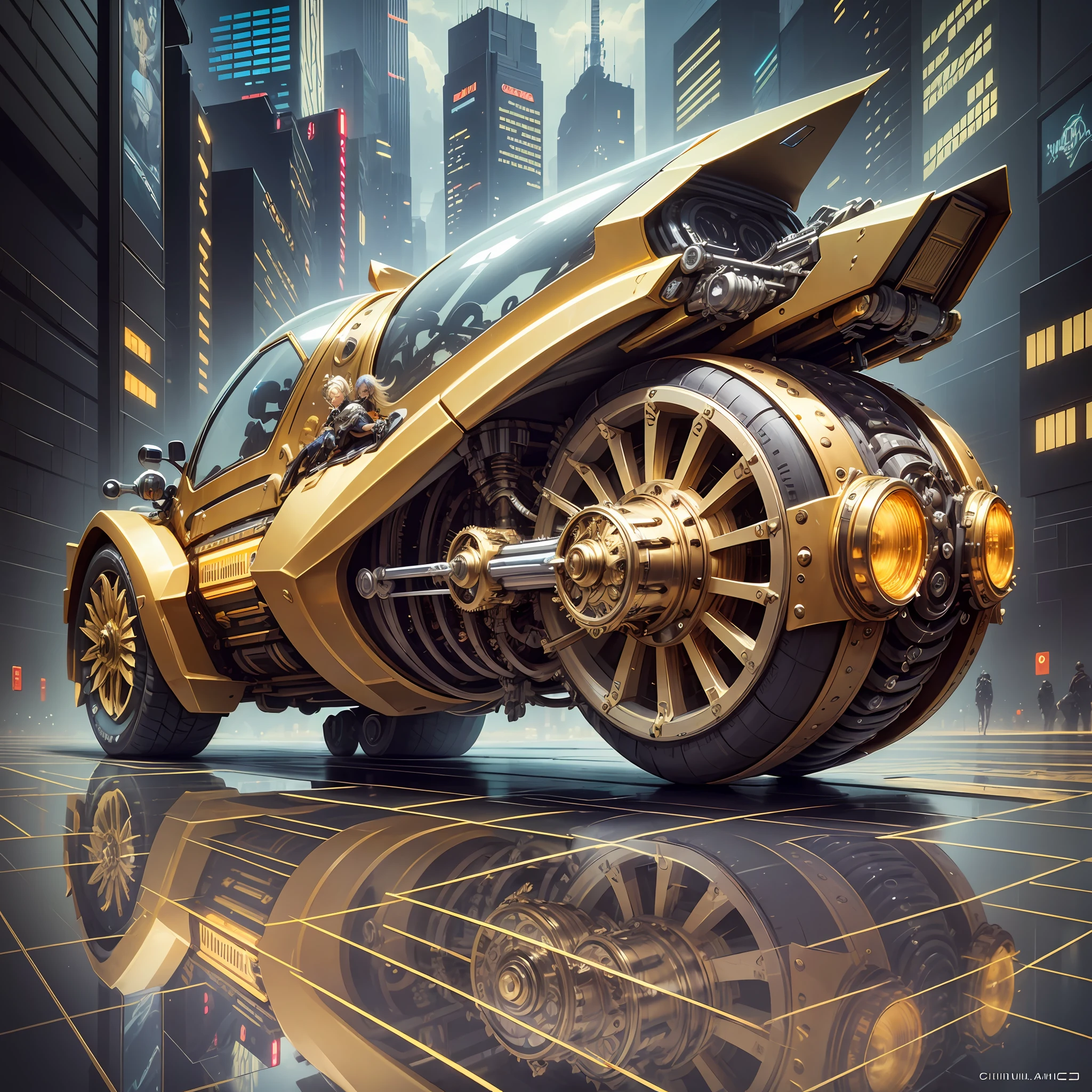 very intricate, accurate, cyberpunk, steampunk, gold, silver, chrome, reflection, reflective, glass motor car, isometric view, wide angle, bloom, shine, polished, trending on artstation, lexica, art style by hajime sorayama, h.r.giger, ciruello, chris achilleos --auto --s2
