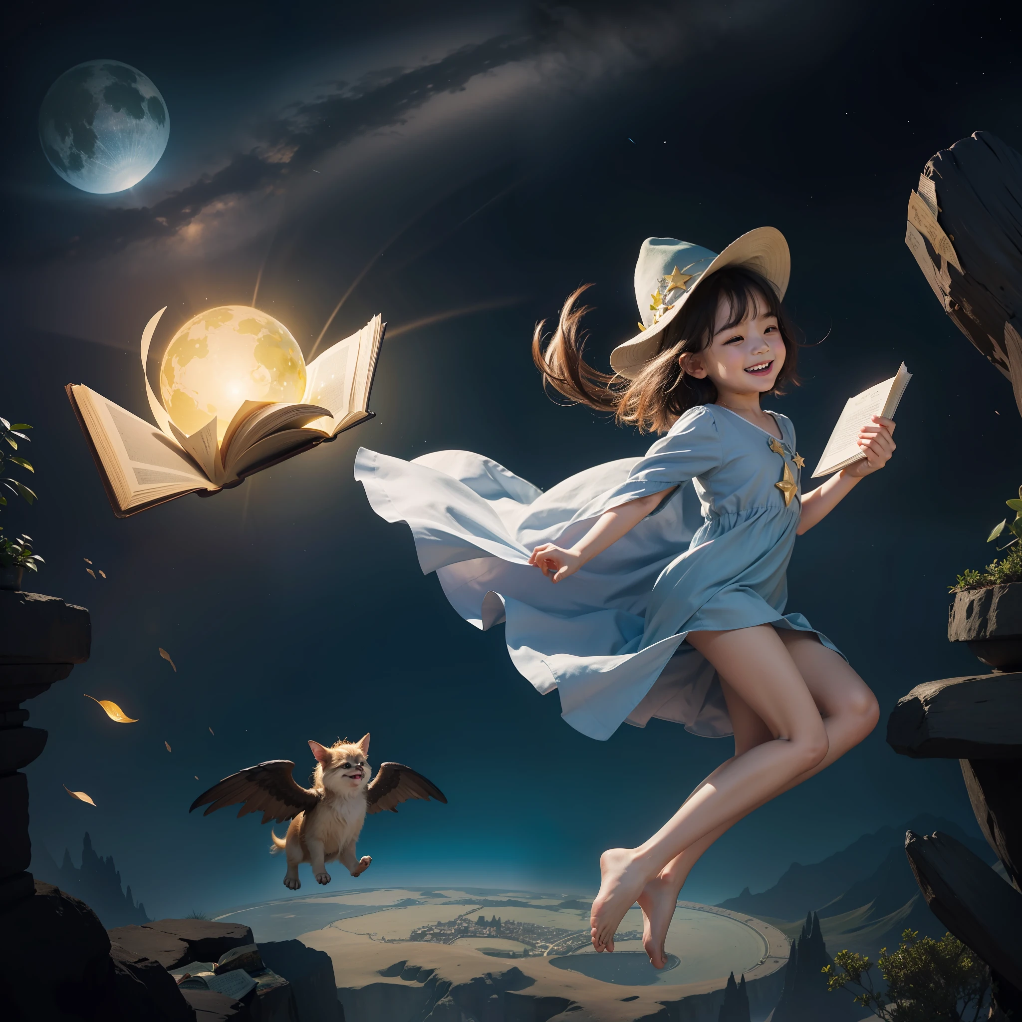 The logo is a charming and vibrant pictorial representation that captures the essence of imagination and fun. In the center, there is an open book with pages that seem to fly, like wings, in a graceful motion. The pages are filled with colorful illustrations of adorable characters and elements of nature, which reflect the magical world of children's stories.

Above the book, a small halo composed of bright stars creates a glow effect, conveying the feeling of enchantment and fascination. To the left of the book, an illustration of a smiling child, wearing a goblin hat, stares in wonder at the open book, representing the infectious joy of immersing himself in captivating stories.