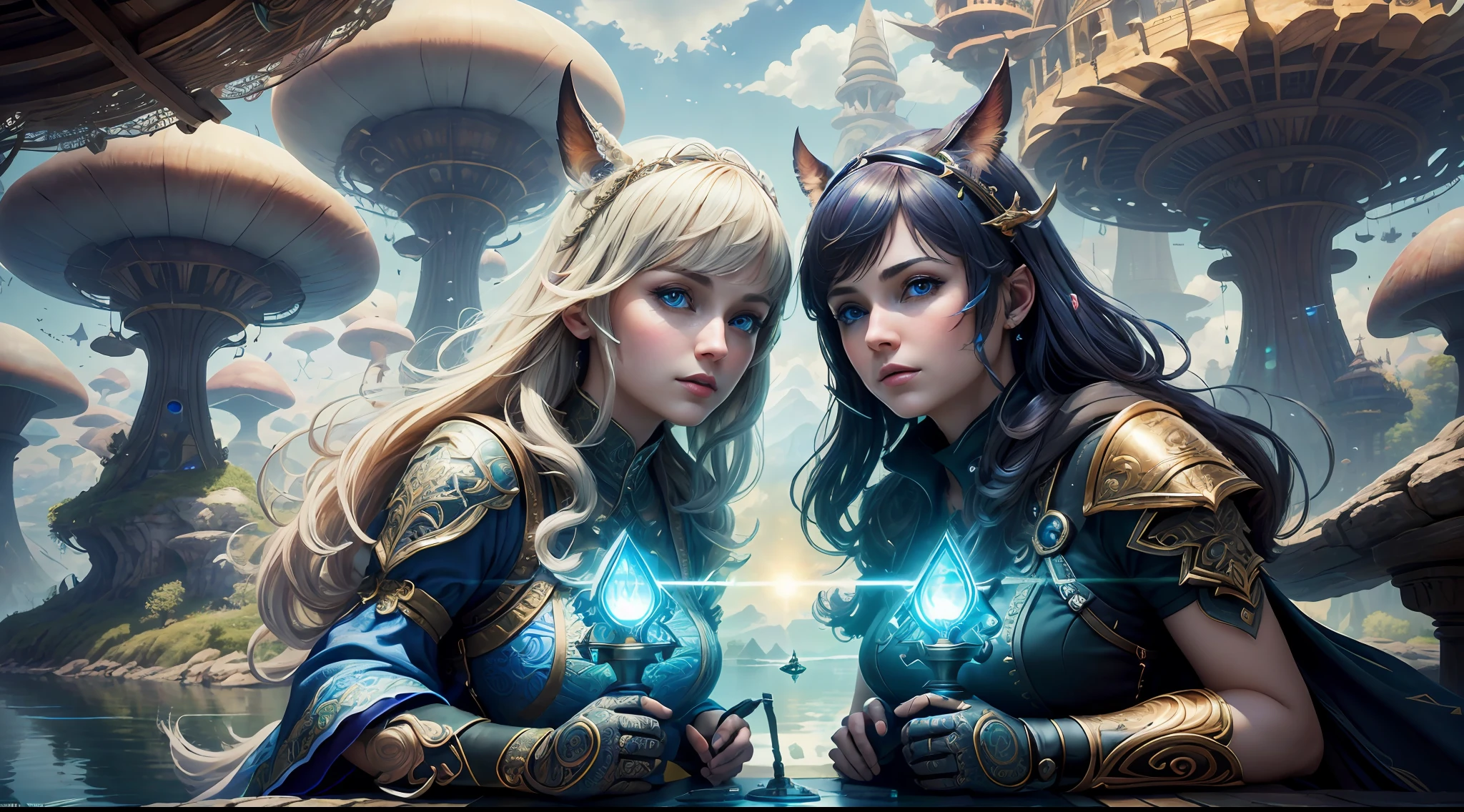 (((Multiplayer, Vivid Eyes, Man and Woman))), Best Quality, Realistic, Realistic, Award-Winning Illustrations, (Intricate Details: 1.2), (Fine Details), (Intricate Details), (Cinematic Light, Best Quality Backlight), Clear Lines, Sharp Focus, Official Art, Unity 8k Wallpapers, Ridiculous, Incredibly Absurd, Fantasy Art, (((Full Body Portrait))), RTX, ((Award-winning Triangle Studio Close-up Photo)), 1 couple, (shut up), best quality, 4K, beautiful mysterious creatures, female, flying, surrealism, masterpiece by ncwinters, in a mysterious country town, masterpiece, intricate details, ff14style, urban painting, bridge, river, giant mushroom, landscape, bright colors,