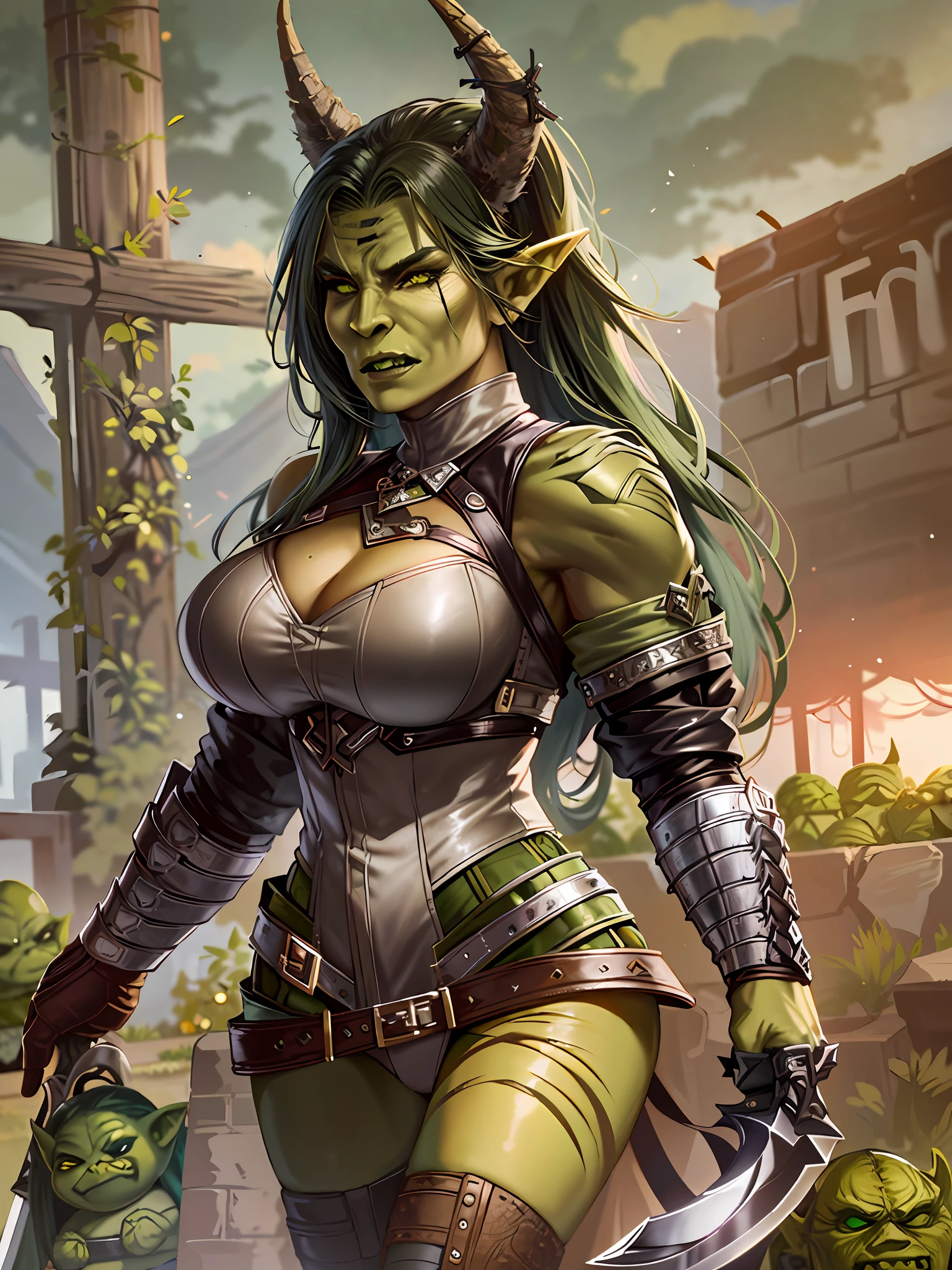 (A closeup of a woman in a leather outfit with a sword), (((green female orc)))), (((female green orc)))), thematic orc, (warrior orc), (a very beautiful berserker woman), (female druid forest orc), ((alone))