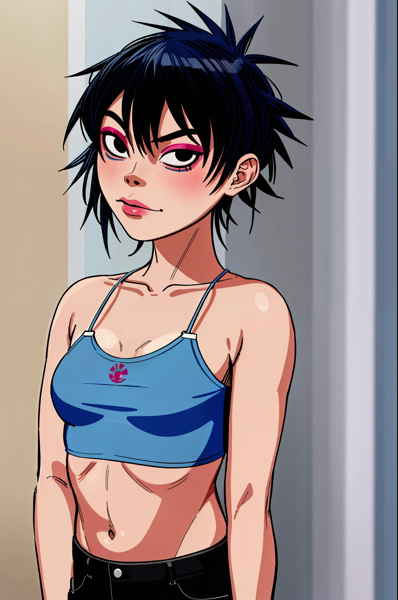 noodle (gorillaz), masterpiece, best quality, 1girl, solo, blue hair, twintails, makeup, bangs, short hair, portrait, lipstick, black eyes, parody, small breasts, sexy expression, blush, bra