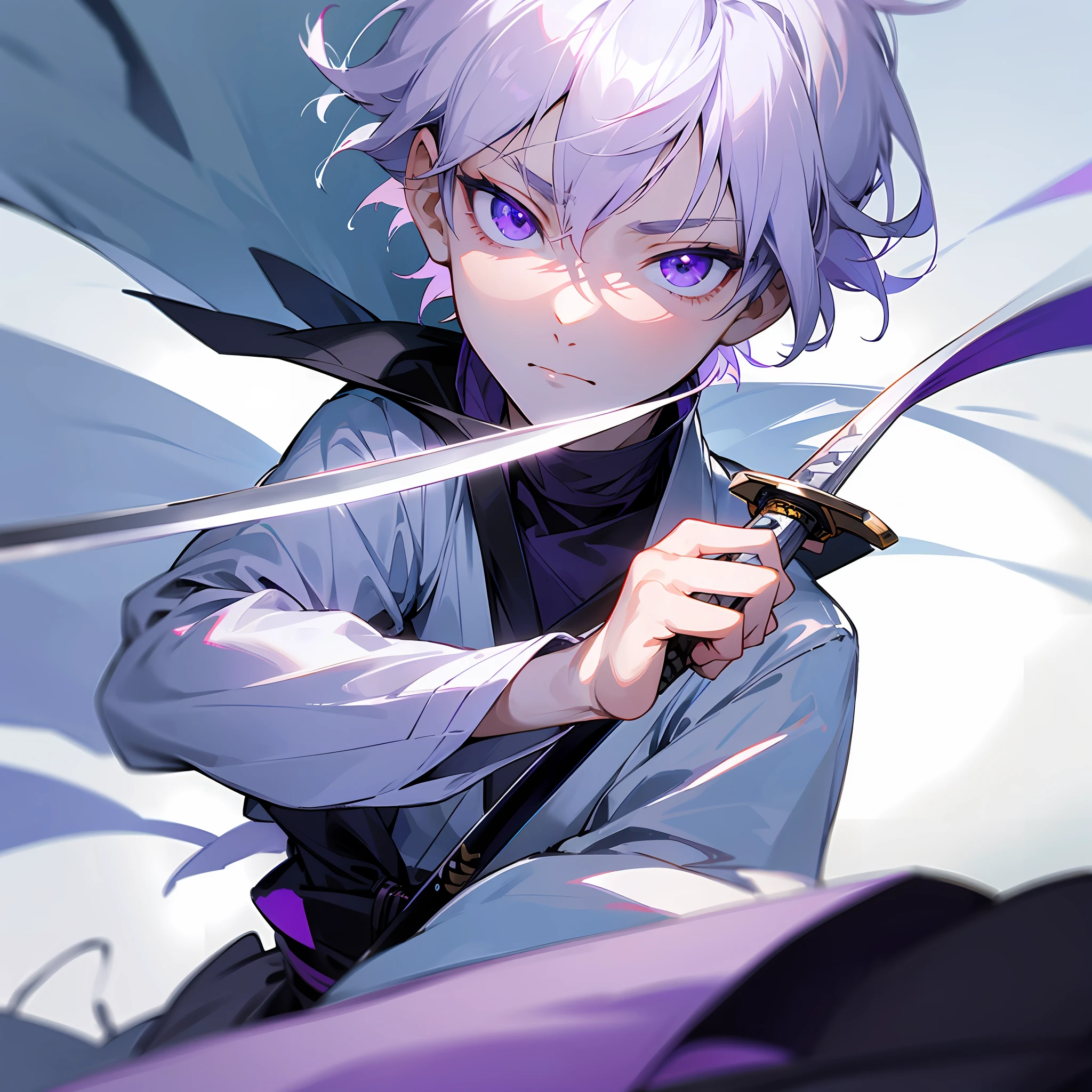 white skin, ultra beautiful face, sigurando a katana, small sword, ambient light, pessonage, anime, boy with short hair, silver white, purple eyes, beautiful eyes, shy, Maximum quality.