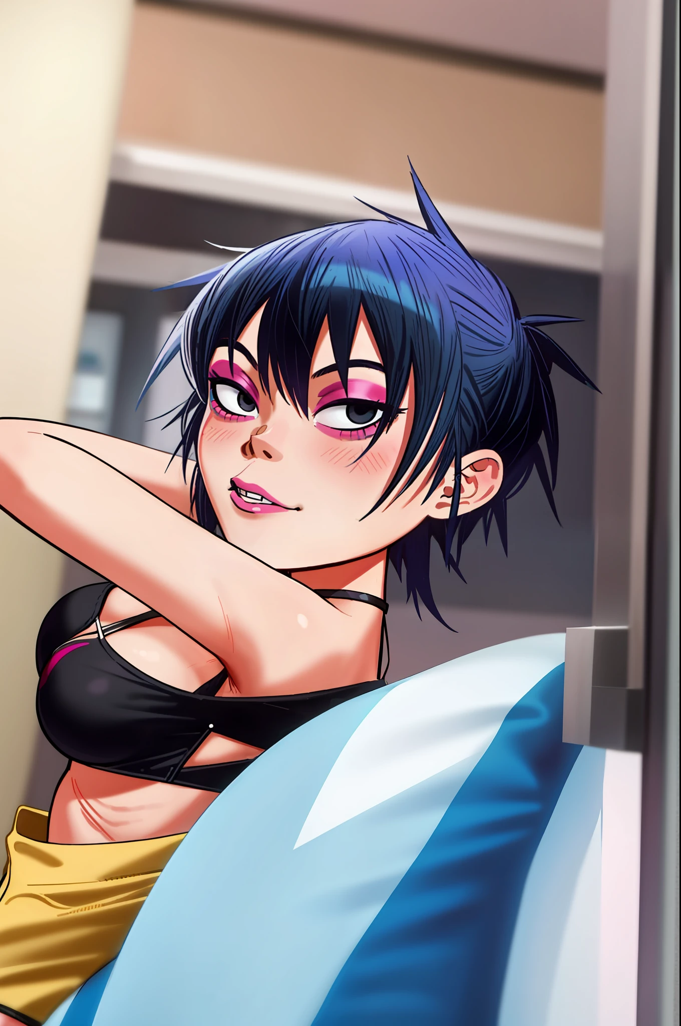 noodle (gorillaz), masterpiece, best quality, 1girl, solo, blue hair, twintails, makeup, bangs, short hair, portrait, lipstick, black eyes, parody, small breasts, sexy expression, blush, bra