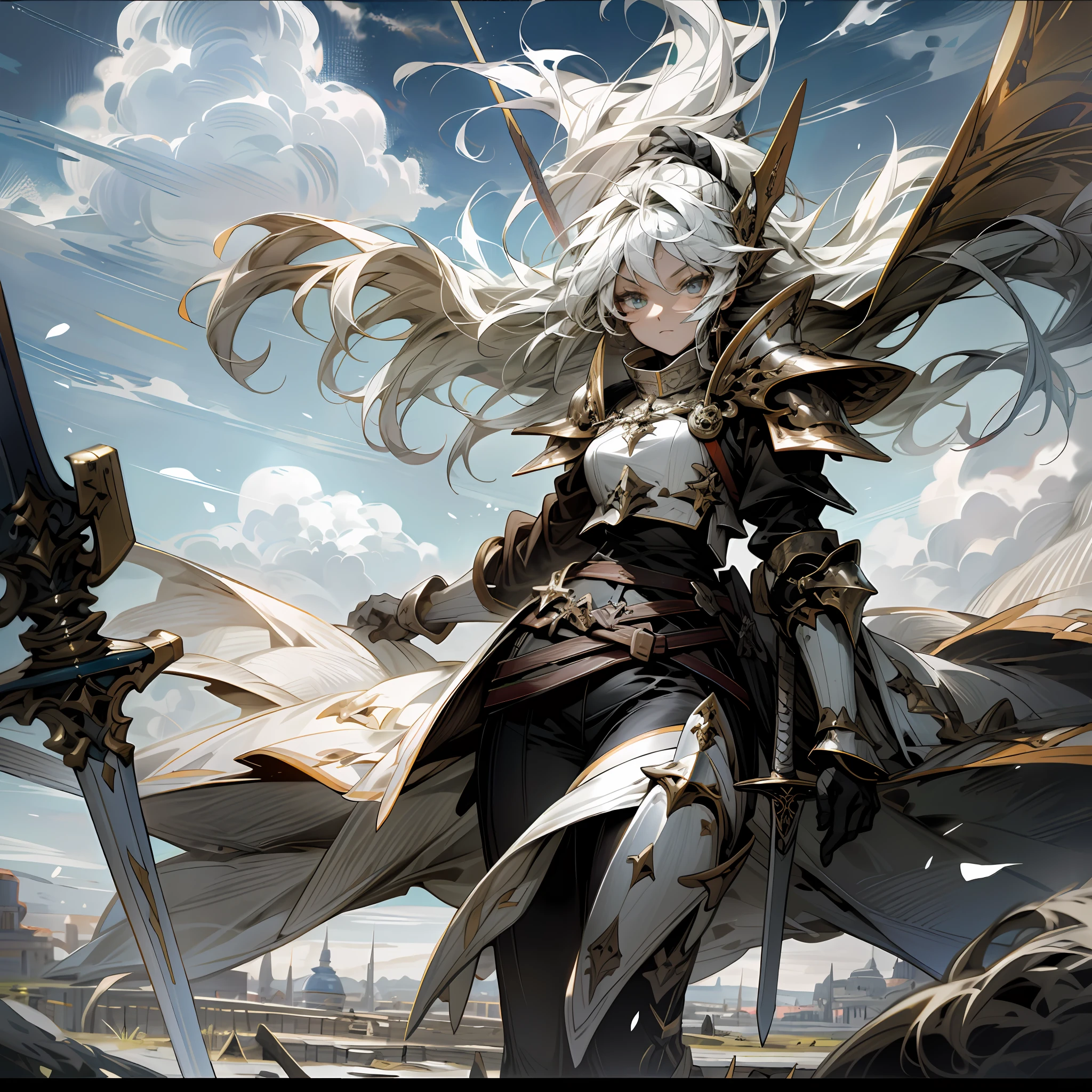 Top Quality, Ultra High Definition, Female Warrior Wearing Medieval Armor, Longsword, Sky, Floating Island, Clouds, Anime Style, 8k,