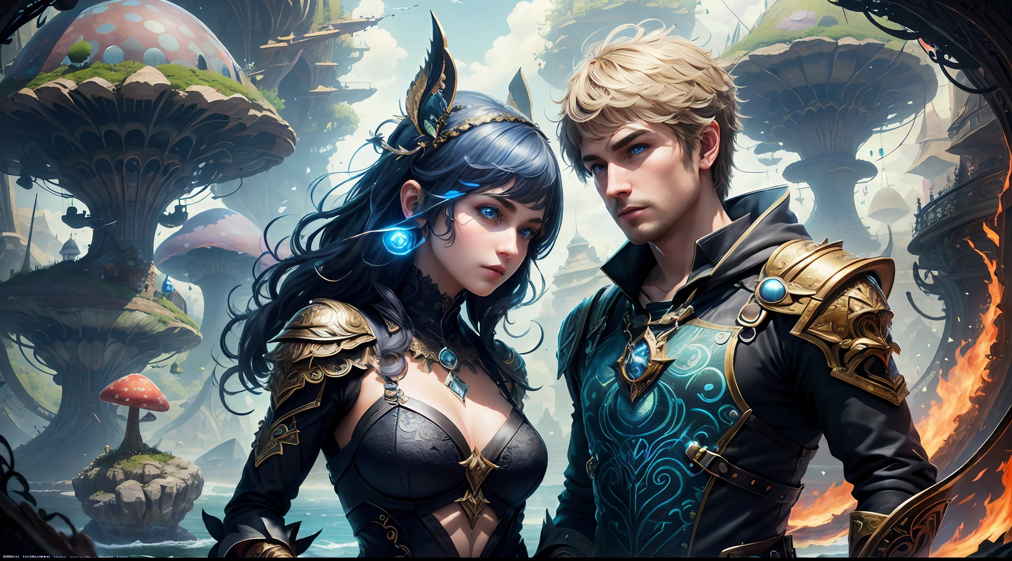(((Multiplayer, Vivid Eyes, Man and Woman))), Best Quality, Realistic, Realistic, Award-Winning Illustrations, (Intricate Details: 1.2), (Fine Details), (Intricate Details), (Cinematic Light, Best Quality Backlight), Clear Lines, Sharp Focus, Official Art, Unity 8k Wallpapers, Ridiculous, Incredibly Absurd, Fantasy Art, (((Full Body Portrait))), RTX, ((Award-winning Triangle Studio Close-up Photo)), 1 couple, (shut up), best quality, 4K, beautiful mysterious creatures, female, flying, surrealism, masterpiece by ncwinters, in a mysterious country town, masterpiece, intricate details, ff14style, urban painting, bridge, river, giant mushroom, landscape, bright colors,