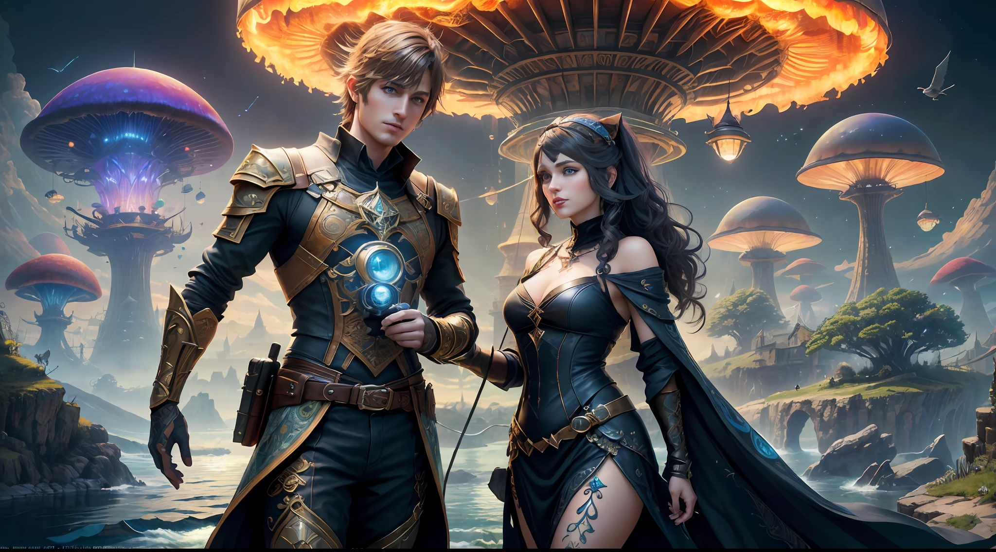 (((Multiplayer, Vivid Eyes, Man and Woman))), Best Quality, Realistic, Realistic, Award-Winning Illustrations, (Intricate Details: 1.2), (Fine Details), (Intricate Details), (Cinematic Light, Best Quality Backlight), Clear Lines, Sharp Focus, Official Art, Unity 8k Wallpapers, Ridiculous, Incredibly Absurd, Fantasy Art, (((Full Body Portrait))), RTX, ((Award-winning Triangle Studio Close-up Photo)), 1 couple, (shut up), best quality, 4K, beautiful mysterious creatures, female, flying, surrealism, masterpiece by ncwinters, in a mysterious country town, masterpiece, intricate details, ff14style, urban painting, bridge, river, giant mushroom, landscape, bright colors,