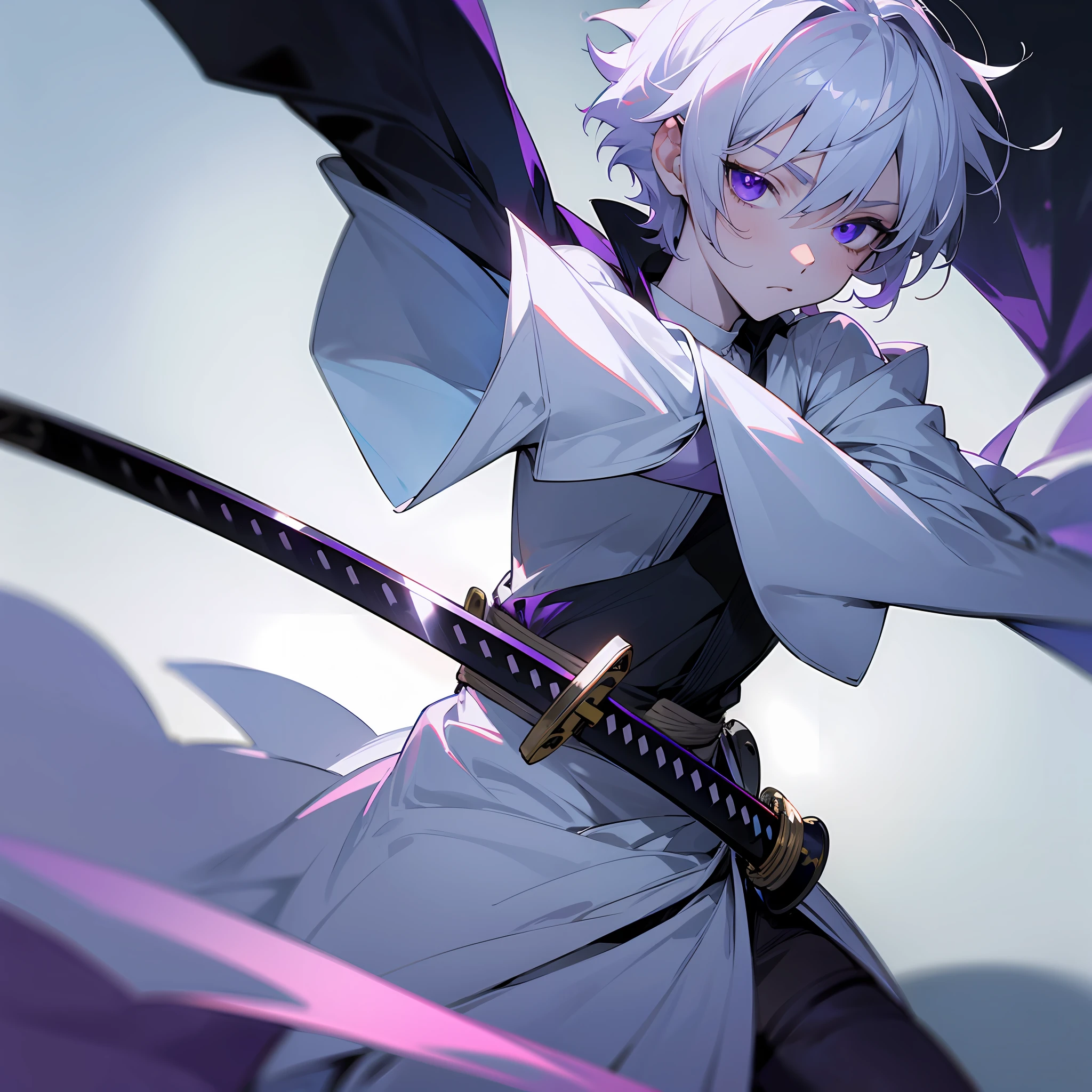 white skin, ultra beautiful face, sigurando a katana, small sword, ambient light, pessonage, anime, boy with short hair, silver white, purple eyes, beautiful eyes, shy, Maximum quality.