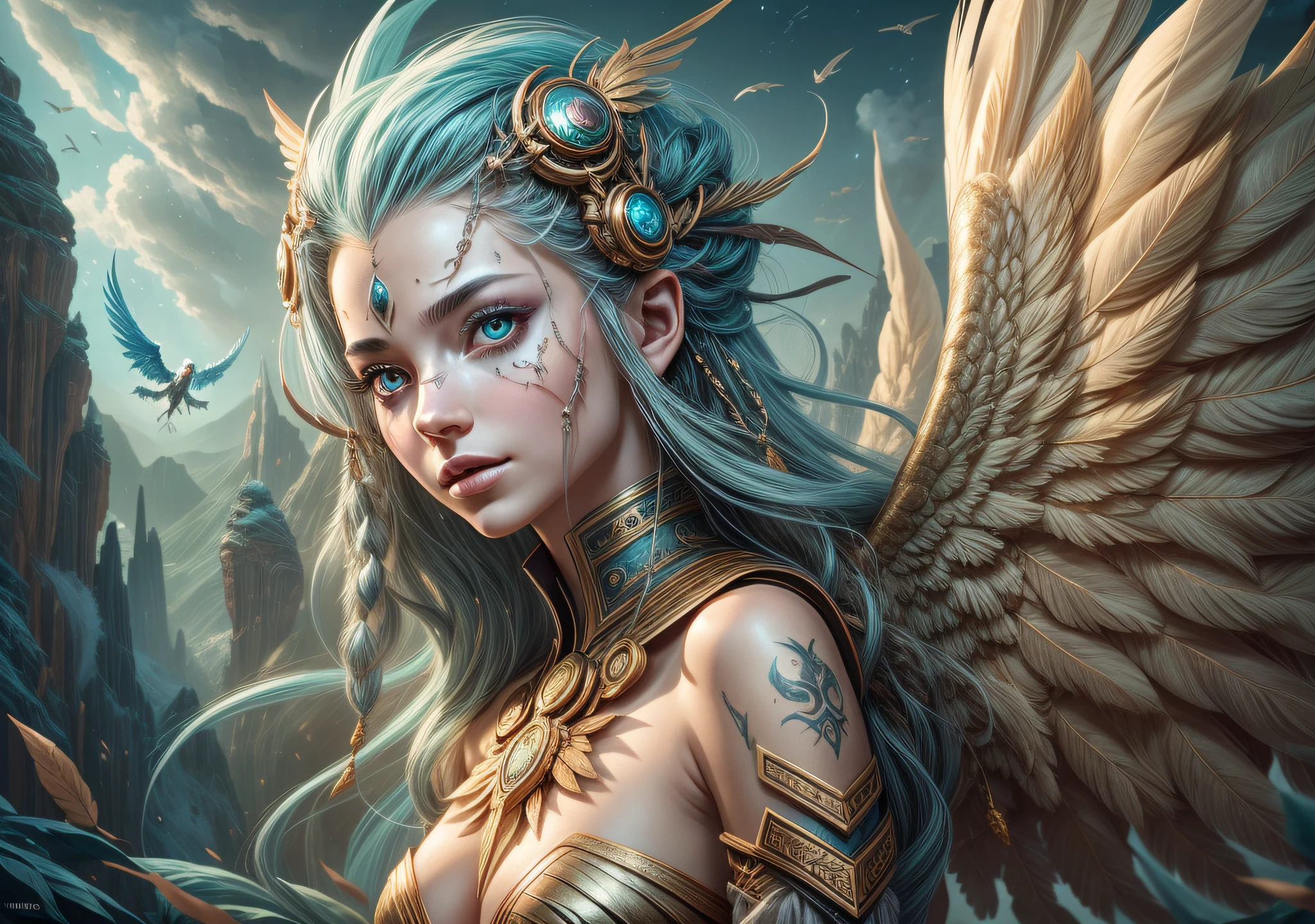 fking_scifi_v2, award-winning portrait of a flying harpy creature, woman wearing (second feathered LnF skin: 1.2), feathered body, heads with large golden eyes, sandstone mountain background, flapping wings --auto --s2