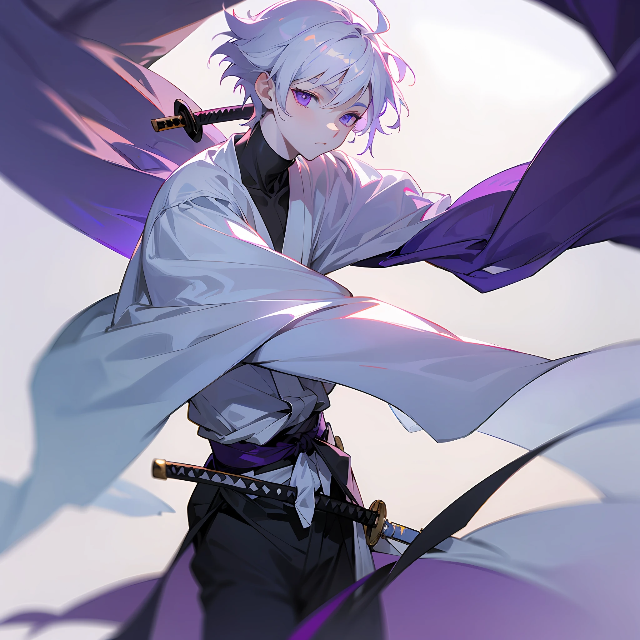 white skin, ultra beautiful face, sigurando a katana, small sword, ambient light, pessonage, anime, boy with short hair, silver white, purple eyes, beautiful eyes, shy, Maximum quality.