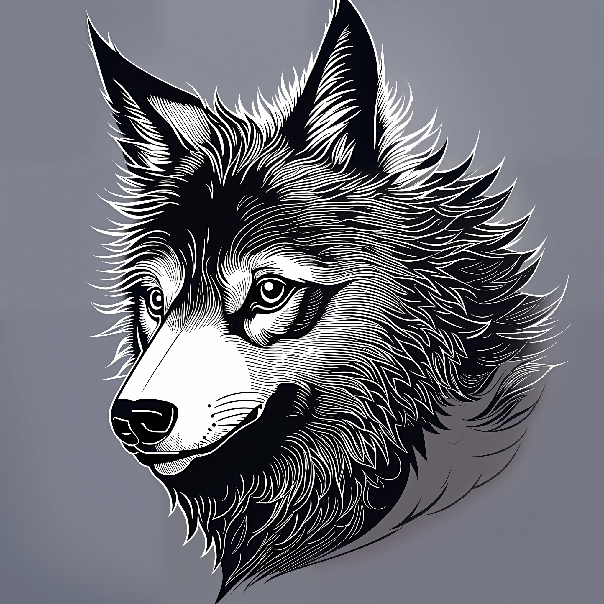 T-shirt logo, illustration of a wolf, using only black lines. Delimit the shapes and characteristics of the animal with carefully drawn lines, creating an elegant and stylized look. subtle details, finer and more precise lines. transparent background