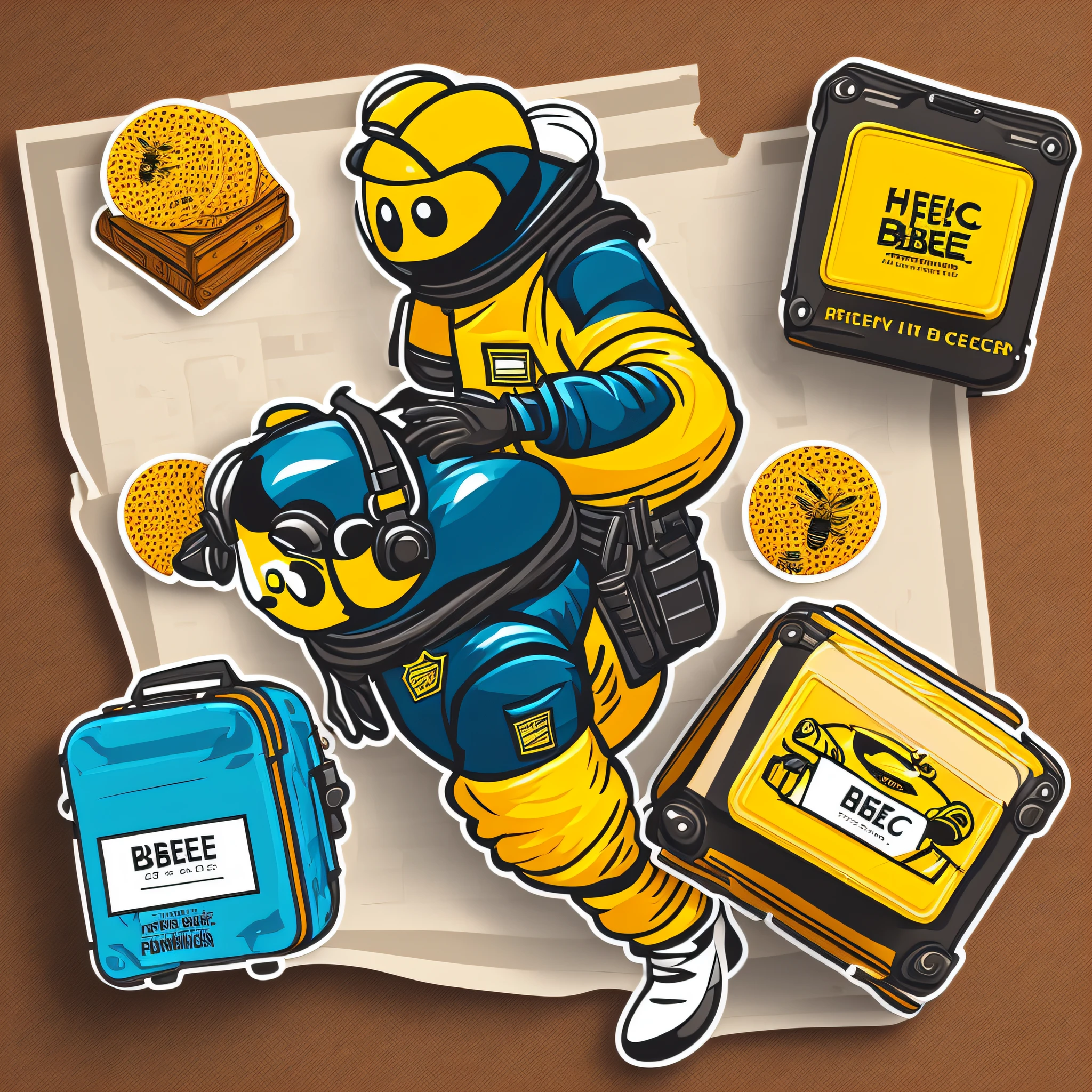 package of stickers, cute, vector,, small bee dressed as FBI cop flying holding a suitcase with honey buns, printable high resolution --auto --s2