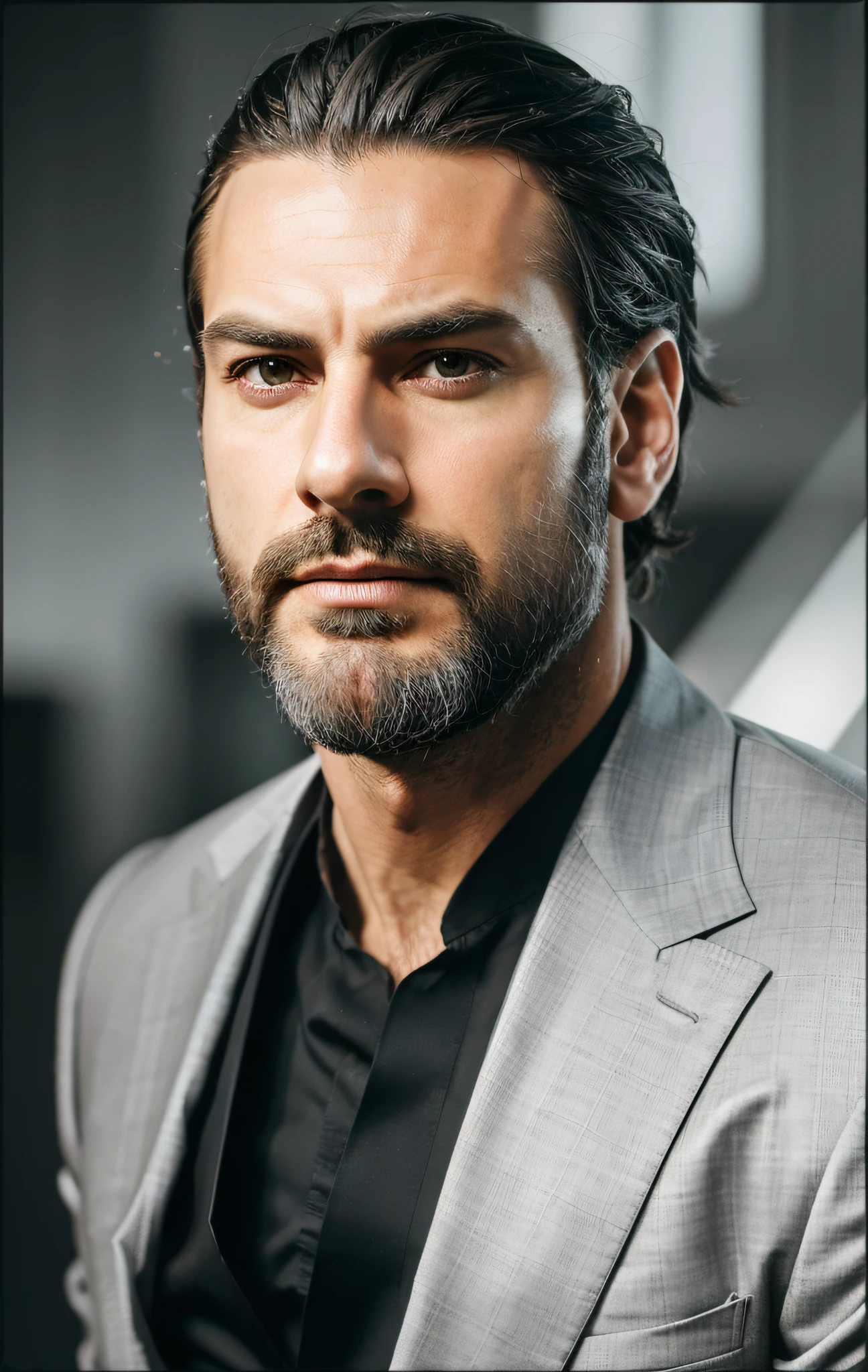 man, serene expression, piercing look, dark hair, well-groomed beard, elegant suit, gray hair, depth of field, cinematic lighting, ray tracing, Fujicolor, framed, 50mm, negative space, hyperrealism, realism, high detail, 8k, UHD, retina, masterpiece, accurate, high details, high quality, best quality, award-winning