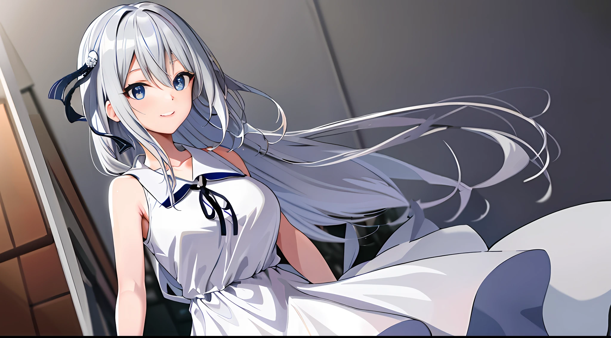 Masterpiece, best quality, high resolution, kei1,1 girl, solo, blue eyes, long hair, white dress, short sleeves, ribbon, bangs, collarbone, gray hair, white skirt, black bow, neck strap, hair between the eyes, big breasts, collar in a line, bare shoulders, classroom, smile,