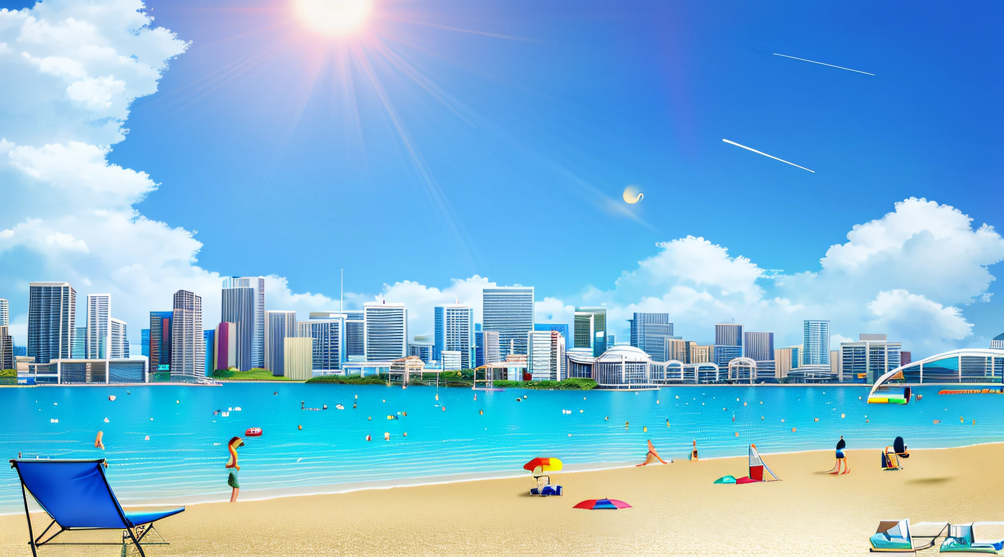 Scenery , City , Beach , Summer , Umbrella , Beach Chair , Volleyball Area , Sky , Day , shooting stars in the sky , Sun , Breeze