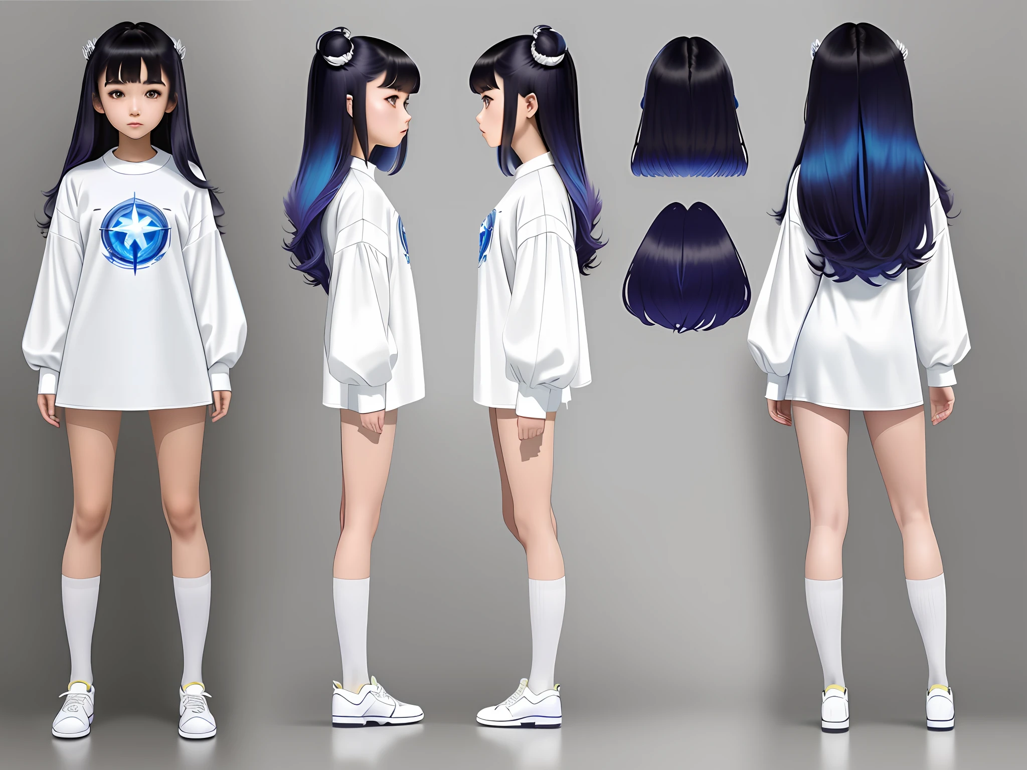 ((masterpiece)),(((best quality))),(character design sheet, same character, front, side, back), illustration, 1 girl, hair color, bangs, hairstyle fax, eyes, environment change scene, Hairstyle Fax, Pose Zitai, Female, Shirt Shangyi, Star, Charturnbetalora, (simple background, white background: 1.3), --6