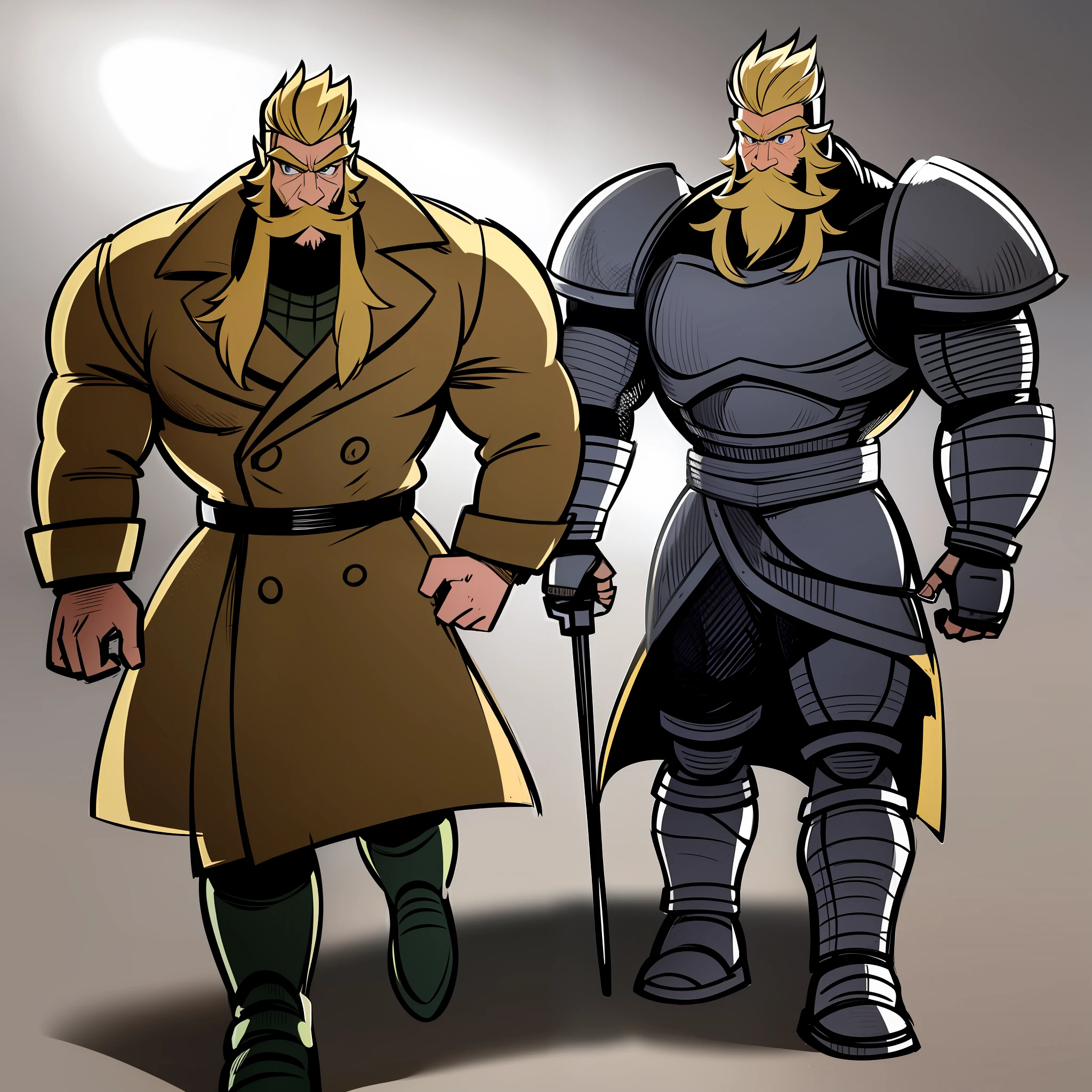 knight, full armor, mustach, mature male, muscular male, walking, blond hair, green eyes, walking, coat