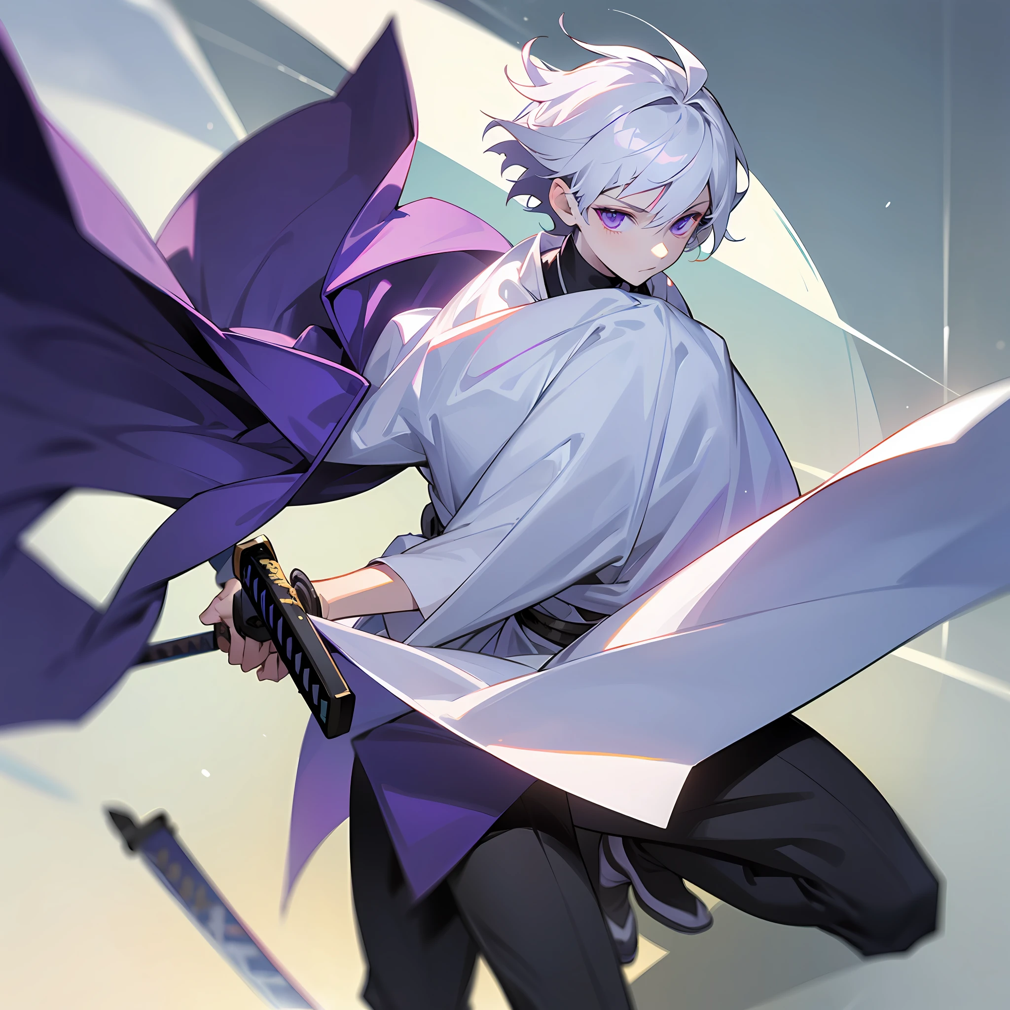 white skin, ultra beautiful face, following a katana, sword, ambient light, pessonage, full body, anime, boy with short hair, silver white, purple eyes, beautiful eyes, shy, Maximum quality.