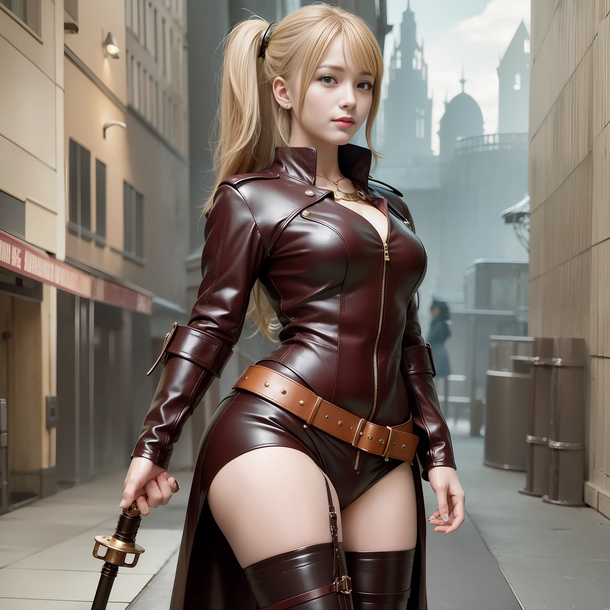 Super High Quality, Ultra High Definition, Photorealistic, Women, Steampunk, Pose, Contrappost, Leather, Machinery, Fantasy Outfits, Props, Single, Lots of Accessories, Jingling, Looking at the Camera, Smiled Lightly, Items Also in the Left Hand