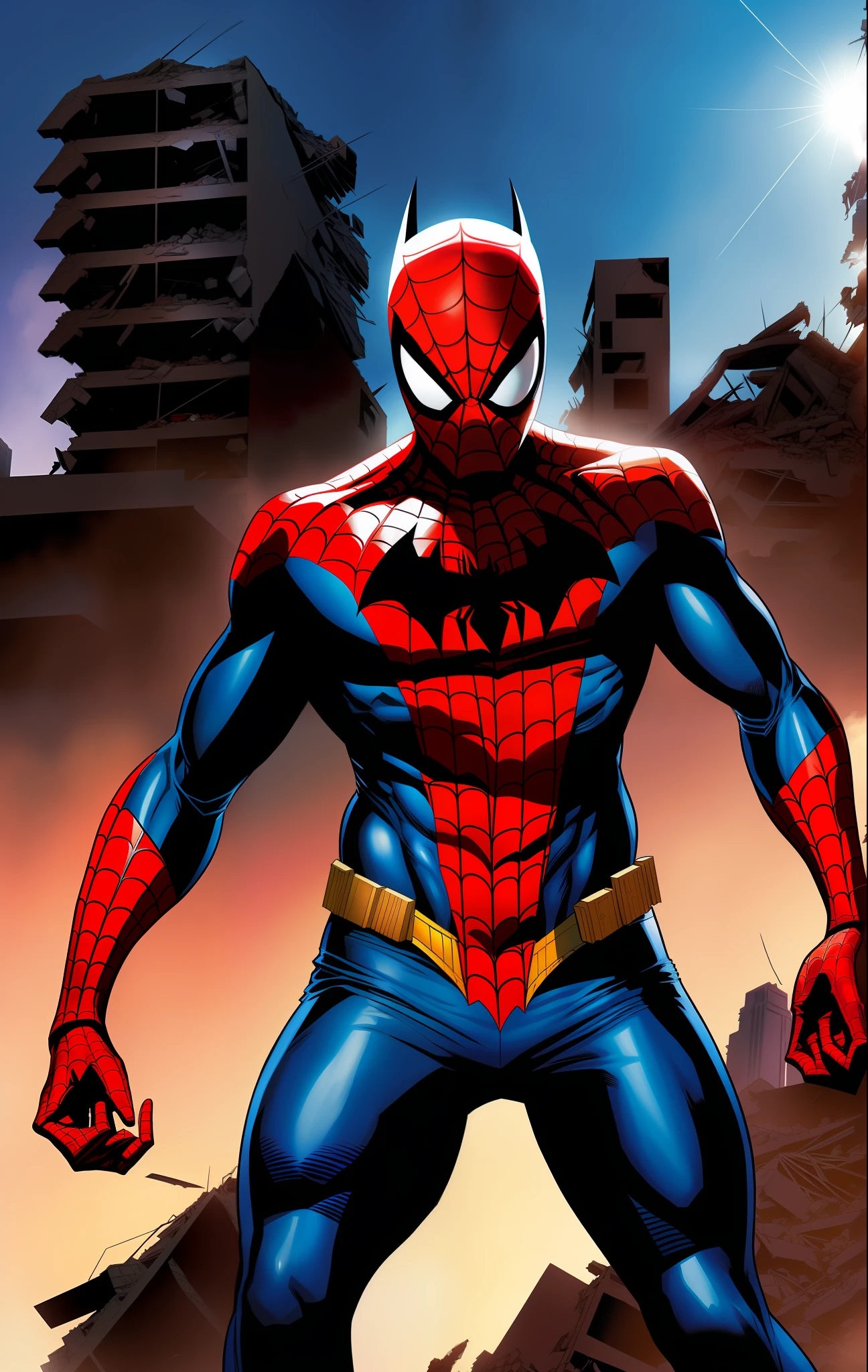 comic book illustration of (spider-man BATMAN BEYOND:1.1), superman, looking up at the sky, scary mask, (face focus:1.2), (destroyed city:1.2), 8k, (Building rubble:1.4) background, looking at viewer, realistic, masterpiece, highest quality, backlighting, (lens flare:1.1), (bloom:1.1), (chromatic aberration:1.1), by Jeremy Lipking, by Antonio J. Manzanedo, art by mark bagley,