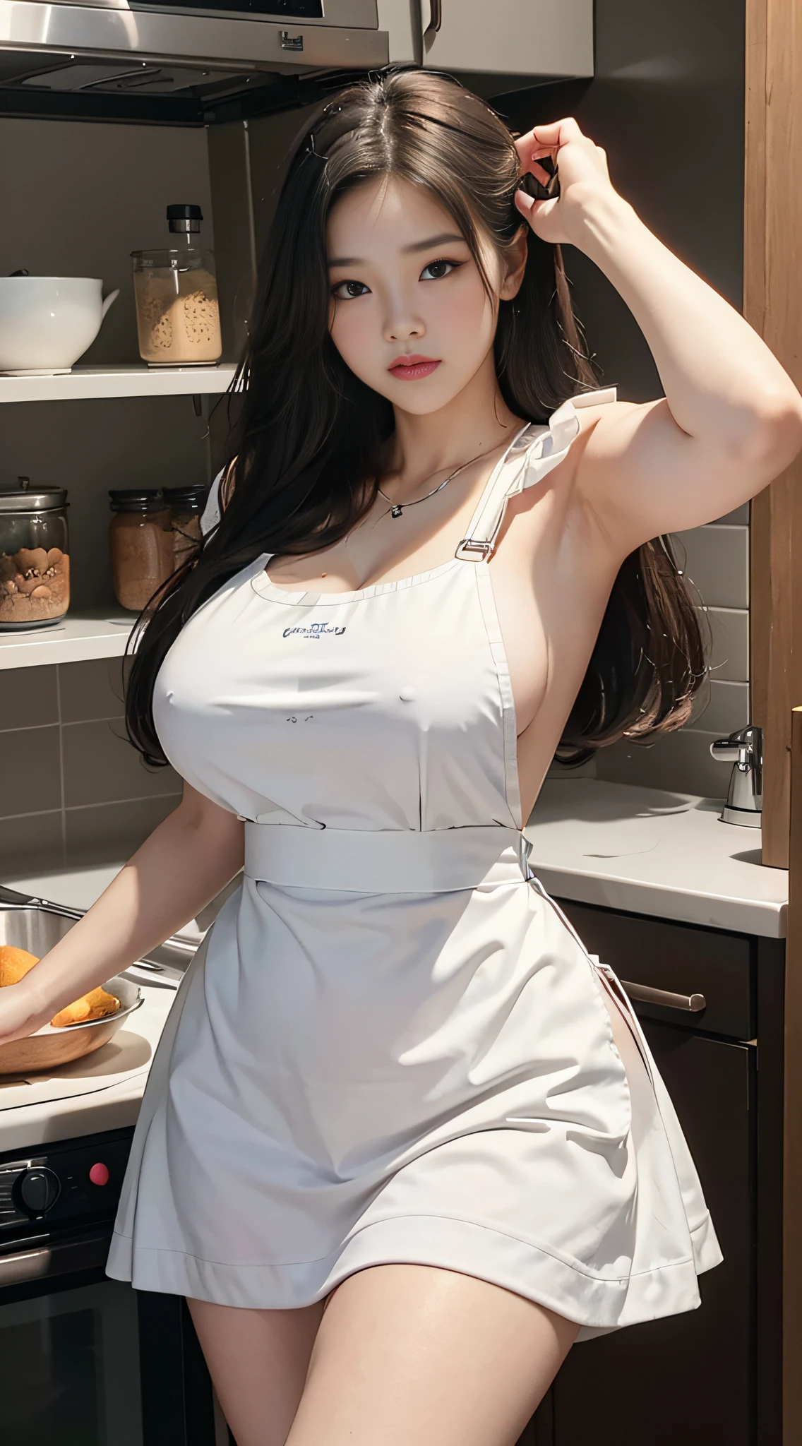 ((Best Quality, 8k, Masterpiece: 1.3)), detailed eyes, double eyelids, long hair, big breasts, very fat, big hips, kitchen, cooking, transparent apron