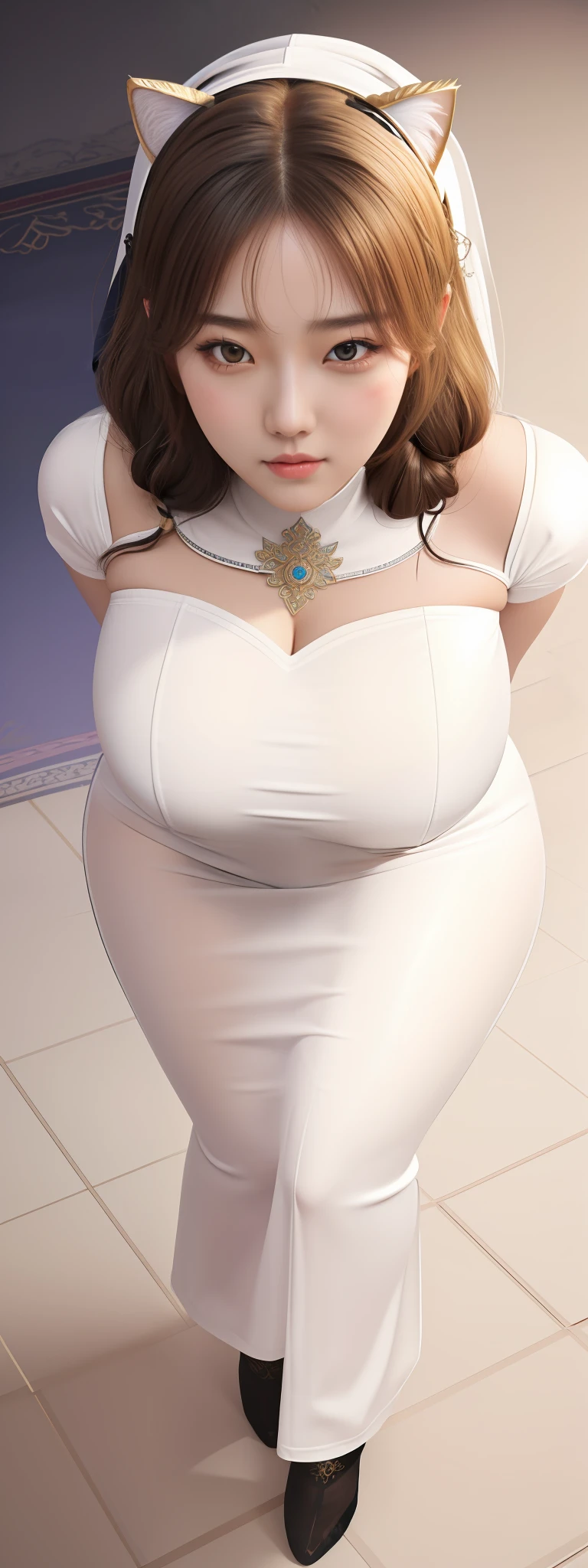 An Idol k-pop face, cute face, sexy girl, braid hair, intricate face details, detailed face, detailed eyes, golden ratio face, big breasts, big butt, big hip, big thighs, intricate hands, intricate feets, full body, 64K, UHD, global illumination, high quality, high detailed, hyper detailed, extremely detailed, photo realistic, ultra realistic, art photo, clarify the details, detailed parts body, intricate artwork masterpiece, trending on artstation, lewd face, nun clothing, tight clothing, cat ears, erotic face, dress