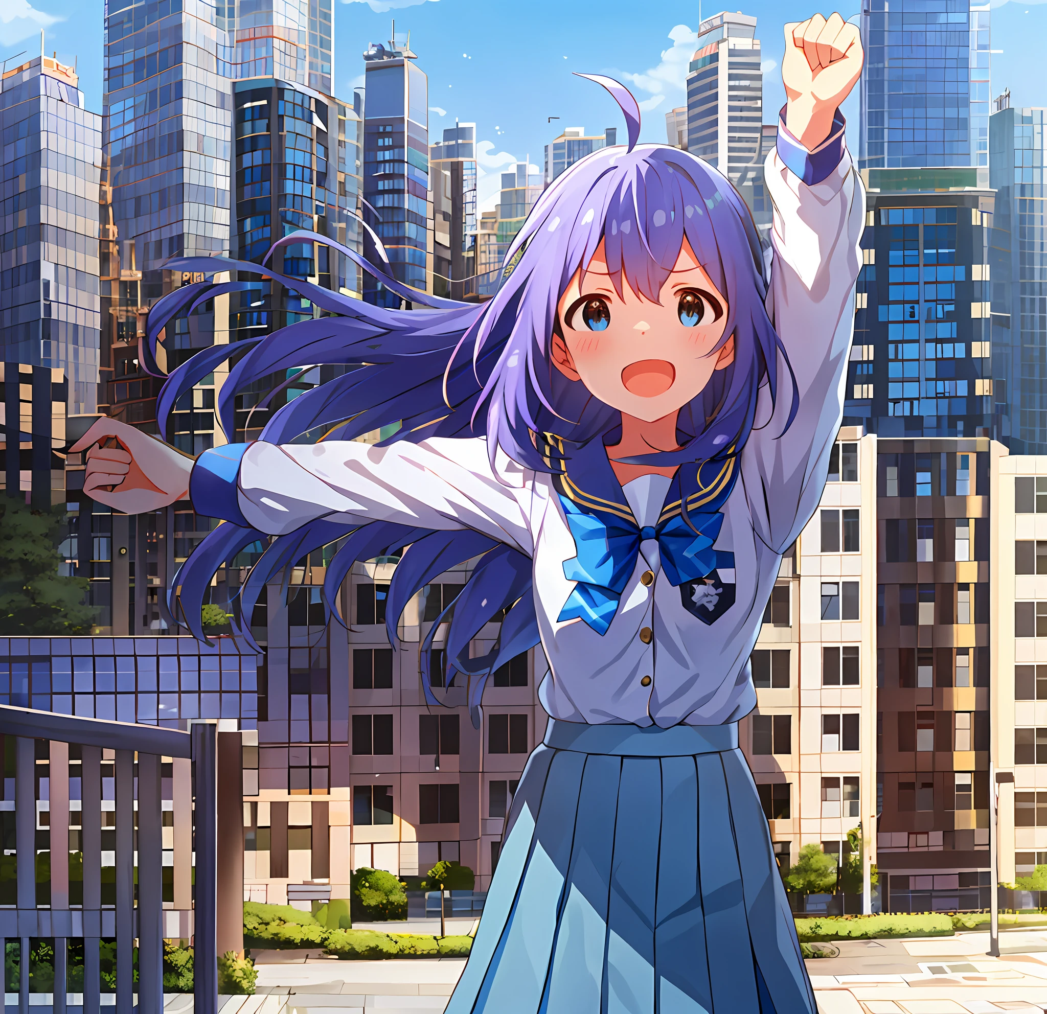Anna Mochizuki (Million Live), Shiny Trinity \ (Costume), (Best Quality, 8K, Masterpiece, Super Detail: 1.2), Sea, Sun, Dappled Sunlight, Blue Sky, Beautiful Clouds, 1 Girl, Solo, Skirt, Open Mouth, V, View Viewer, White Sailor Color, Blue Shirt, Sailor Color, Blue Skirt, Pleated Skirt, Short Sleeve, :d, Shirt, School Uniform, Blush, Serafuk, Clavicle, Bow, ribbon, blue bow. (((Outside))). (((fighting stance))).,((((Giantization))).dynamic focus.small breasts. (((skyscrapers))). (((Cityscape))). (((Face of sadness))). Spread your arms, clench your fists.