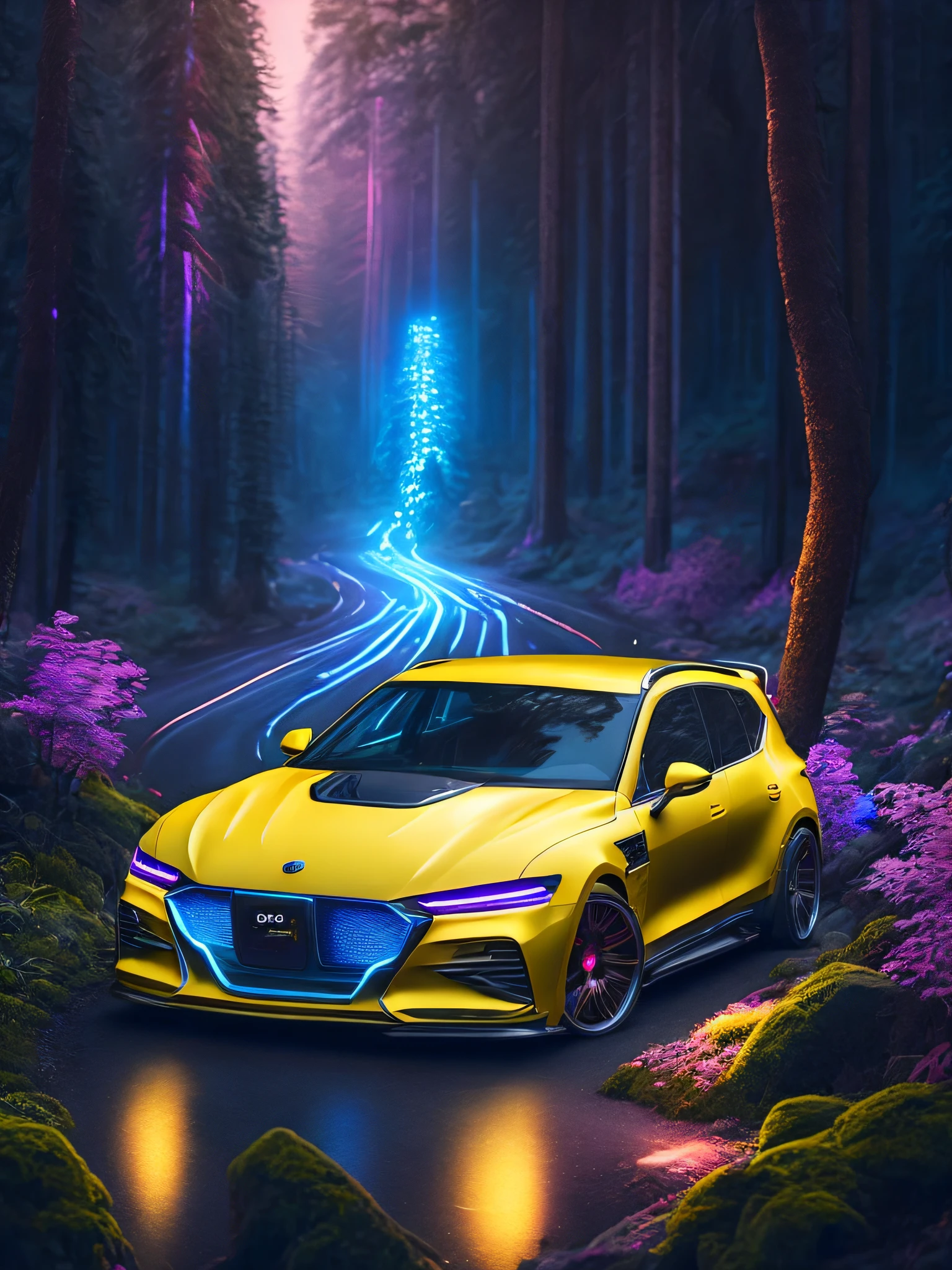 car, GOL G7. Yellow, hyper detailed, in the middle of the dark forest, at night, bright and bright headlights, blue and pink neon details, hyper realistic, HD in 8K