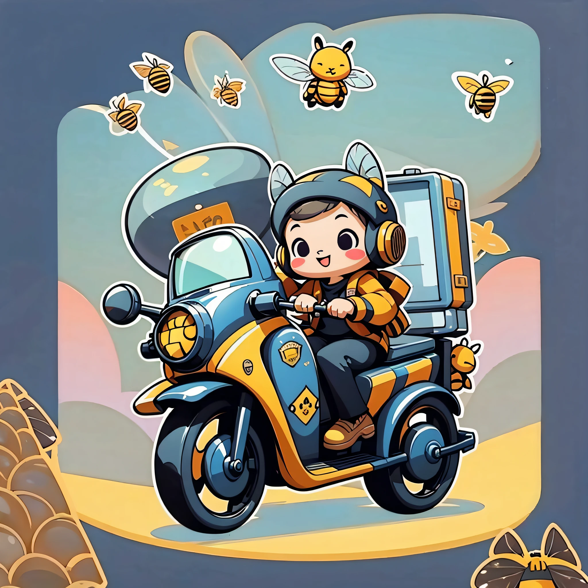 pack of stickers, cute, vector, detailed, 1 bee dressed as a policeman flying with a suitcase with honey buns escaping --auto --s2