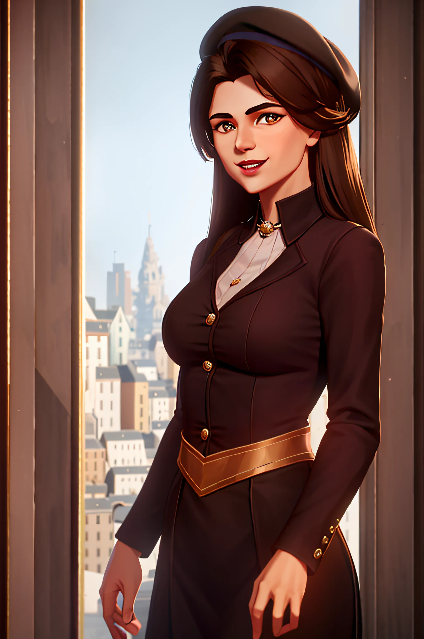 arcane style, 1girl, brown color, bangs, dark brown hair, straight hair, light brown shirt, long sleeve v-neck shirt, french beret, with pearls on beret, looking at viewer, smiling, serene look, day, city, long hair, midriff, brown eyes, red lips, solo, standing, upper body\(League of Legends\)