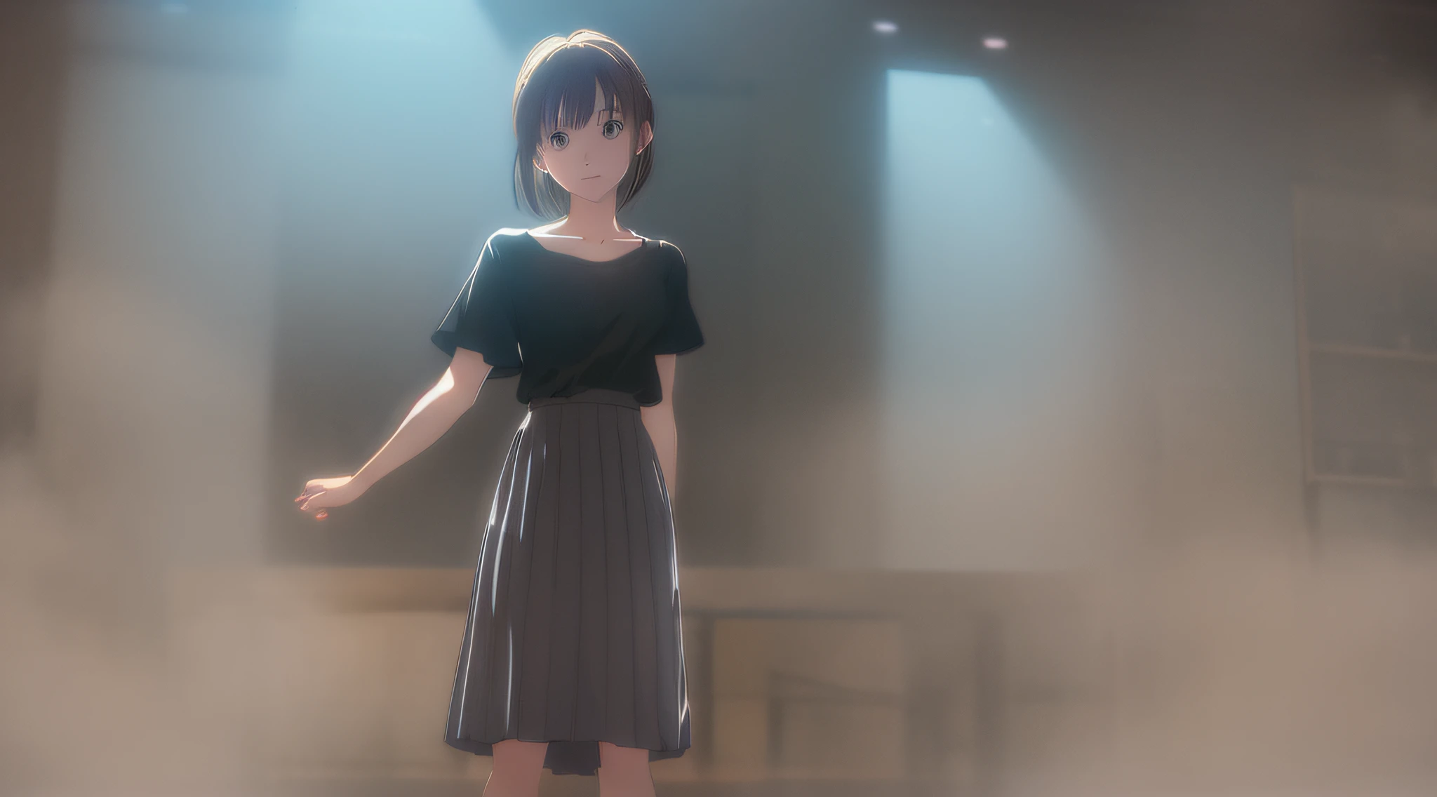 Detailed and perfect anime style illustration, brown short hair, very cute young woman, perfect round eyes, female focus, solo, wearing gray shirt and gray long skirt. Daydream, standing with legs spread, mysterious background wrapped in dramatic and fantastic fog, background blurred, dramatic lighting Makoto Shinkai
