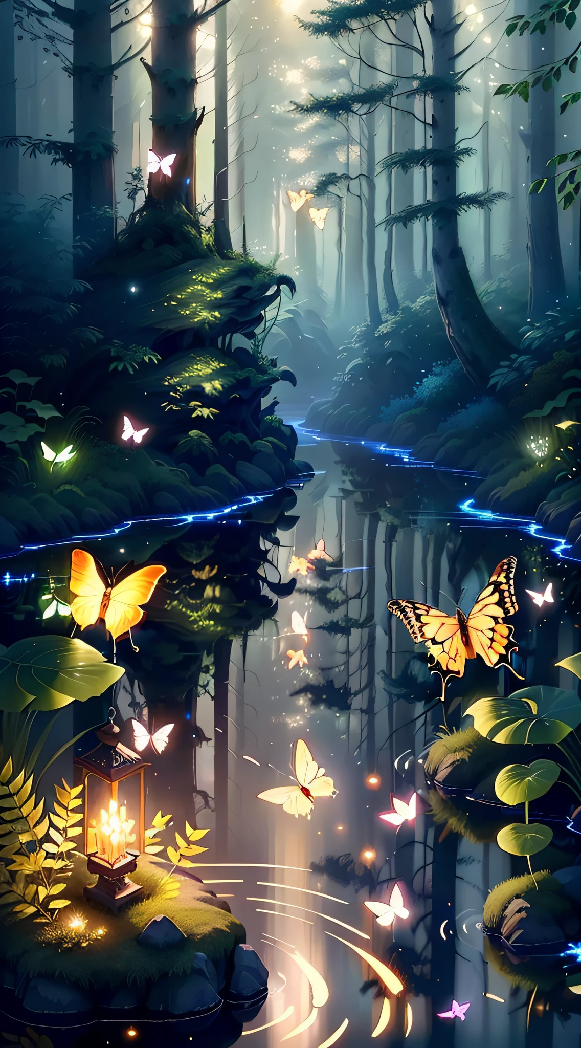 A masterpiece, the best quality, stunning reflections, the best reflections ever. (very detailed CG unity 8k wallpapers), (best quality), (best illustrations), (best shadows), forest theme with natural elements. Tall trees, quiet streams, small glowing mushrooms surrounded by delicate leaves and branches, with fireflies and glowing particle effects,, (natural elements), (jungle theme), (leaves), (twigs), (fireflies), butterflies, (delicate leaves), (glow), (particle effects). , Isometric 3D, Octane Rendering, Ray Traced, Super Detailed