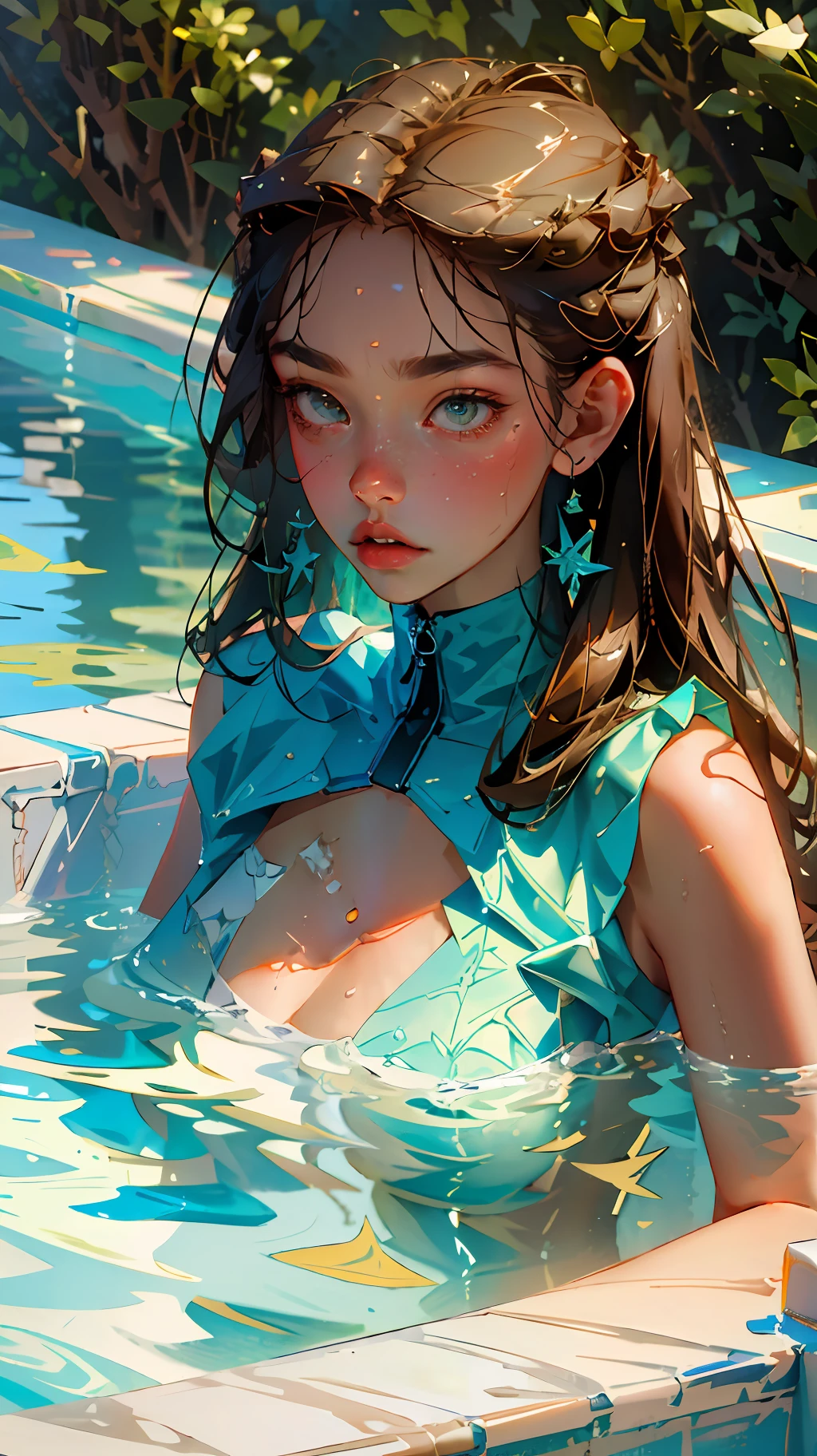realistic, photo, beautiful, masterpiece, best quality, 1girl, solo, sam yang, swimmer, bikini, stylish bikini, small breast, cleavage, tan line, portrait shot, looking at viewer, detailed face, detailed eyes, detailed hair, partially submerged, outdoor pool, wet skin, wet hair, intricate details, shadow, lighting, ray tracing, high quality water, realistic water, HD, 4k