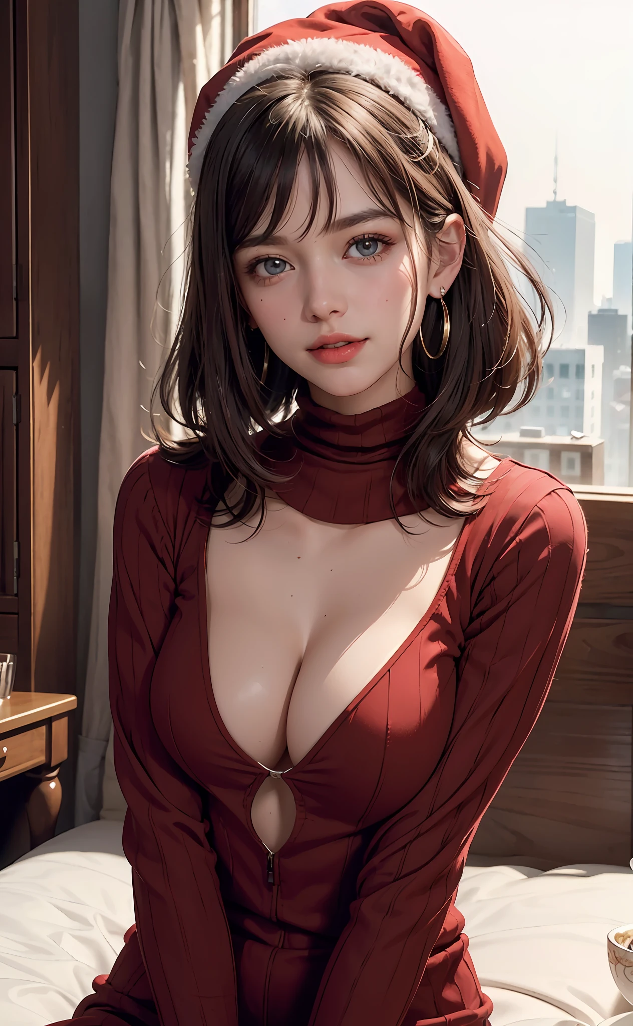 Red knitwear, turtleneck, red costume of Santa Claus, (open all buttons: 1.1), Santa Claus hat, smile, smile, big, big breasts, deep cleavage, chest hugging, top quality, masterpiece, illustration, very delicate and beautiful, very detailed, CG, 8K wallpaper, amazing, fine details, highly detailed CG, Unity, 8K wallpaper, Huge file size, very detailed, high resolution, well-groomed detail woman, very detailed big eyes and face, amazing detailed eyes, face light, (Best Illustration: 1.1), Ultra High Resolution, (Photoreal: 1.1), (Photoreal: 1.2:1.1), Realistic Face Proportions, Slender, Smile, (Makeup: 0.4), (Fluffy Pale Colored Eyes: 1.21), Light Colored Eyes, Round eyes, gaze to look at the beholder, dark brown hair, earrings, necklace, hairpin, (irregular irregular skin imperfections, veins, skin pores: 1.2), white background, (bokeh: 1.4), straight hair, very short hair, short bob hair, little bangs, gloss on skin, gloss on face, gloss on lips, gloss on chest, gloss on skin, smile, smiling, teeth, beautiful alignment, Long neck, big eyes, clear eyes, clear double eyelids, put out both ears, tremendously cute, overwhelming beauty, highlight in the eyes, chest closer, face forward, body facing the viewer, put your hand on the cheek, perfect and detailed and beautiful hand, perfect and detailed and beautiful fingers, precise number of arms, precise number of fingers, reach out to the camera