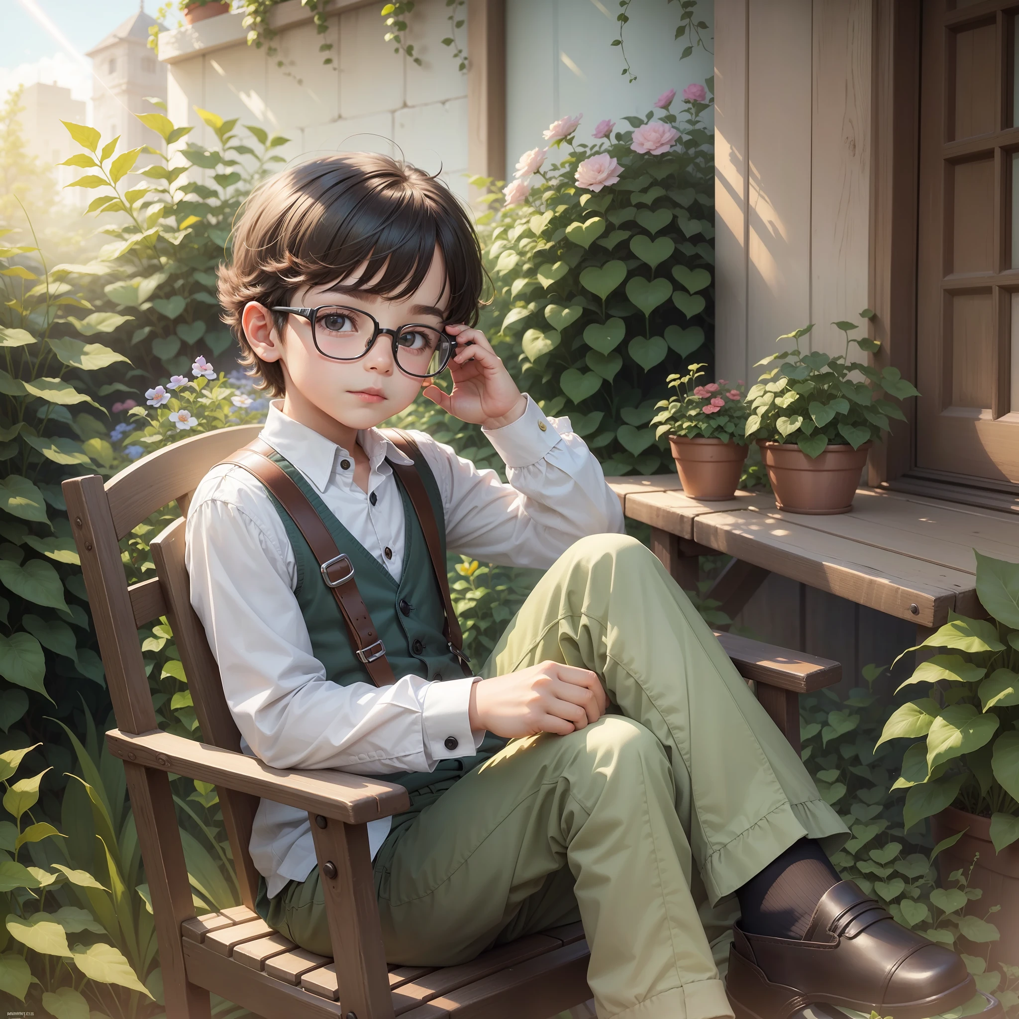 A cute ltittle boy spy, sitting in a chair, near a garden, sipping coffee, morning breeze, sun rise, good morning.