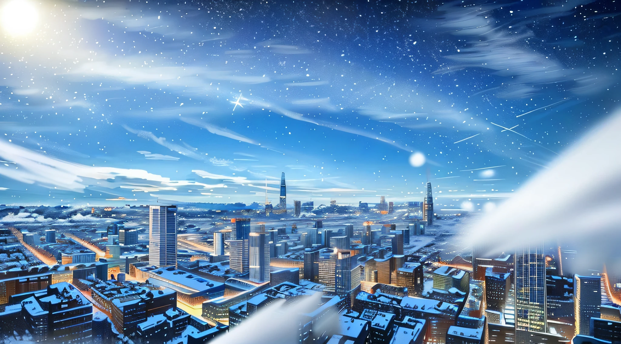 Scenery, City , floating Snow , Winter , Wind , Cloud , Blue sky , evening , shooting stars in the sky , Sun , Breeze