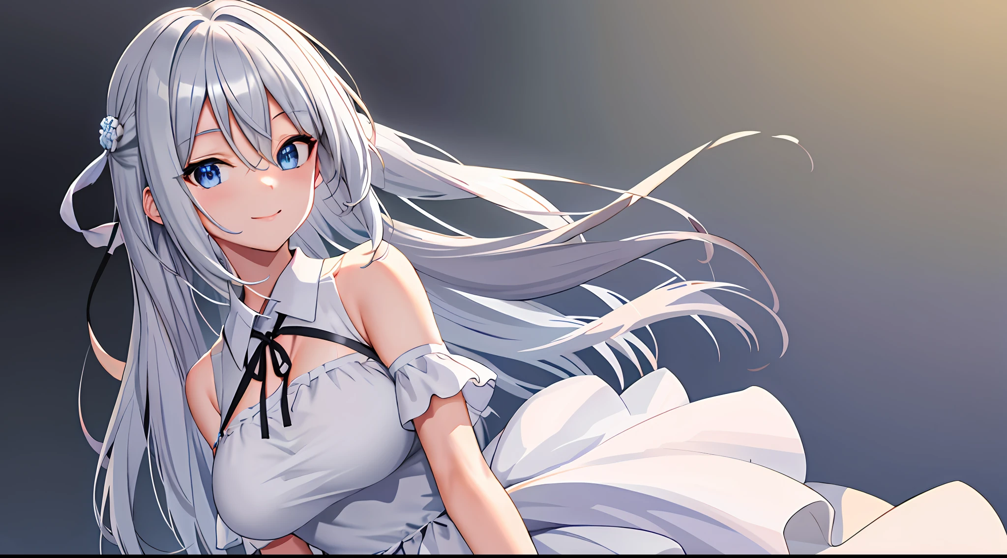 Masterpiece, best quality, high resolution, kei1,1 girl, solo, blue eyes, long hair, white dress, short sleeves, ribbon, bangs, collarbone, gray hair, white skirt, black bow, neck strap, hair between the eyes, big breasts, collar in a line, bare shoulders, classroom, smile,