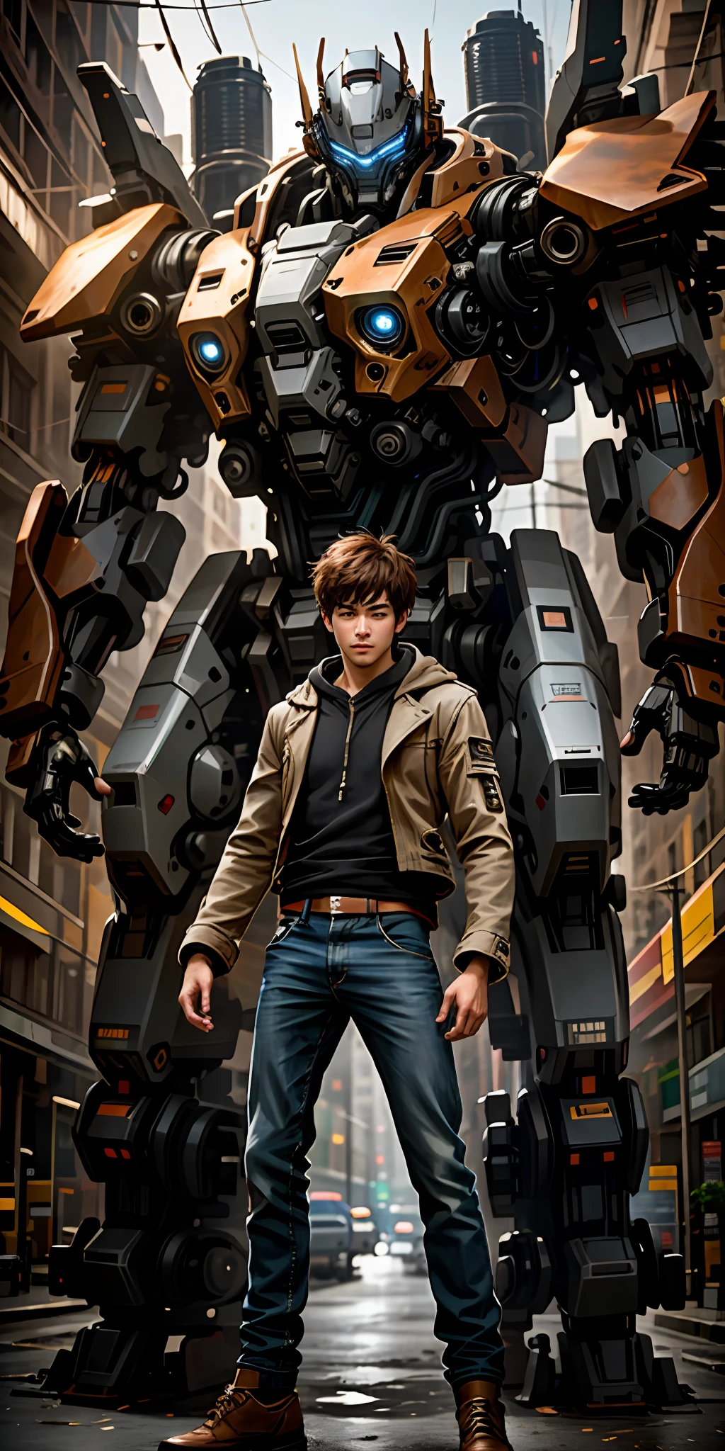 Portrait photo of a handsome male full body photo, perfect eyes, wearing a shabby mecha coat, ((light bokeh)), intricate, (steel metal [rust]), elegant, sharp focus, photo by Greg Rutkovsky, soft lighting, bright colors, masterpiece, (street)), detailed realistic face, close-up of the face