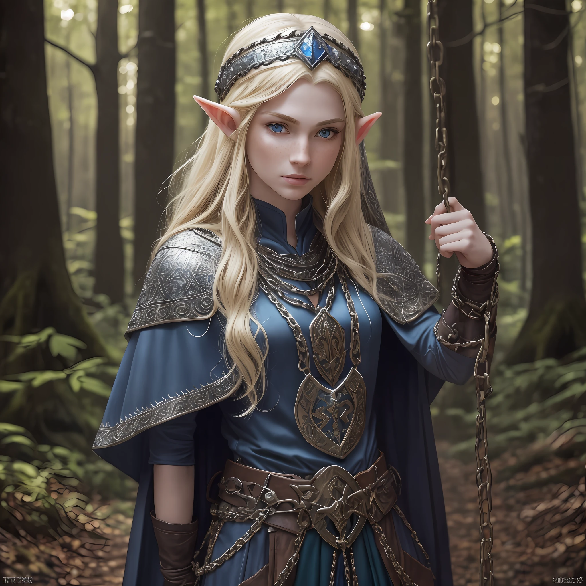 Half elf with pale skin, long blonde hair, brown eyes, light freckles, looking at the camera deep in the forest, wearing chain mail with a dark blue cape on it and a necklace symbol of the deity --auto --s2