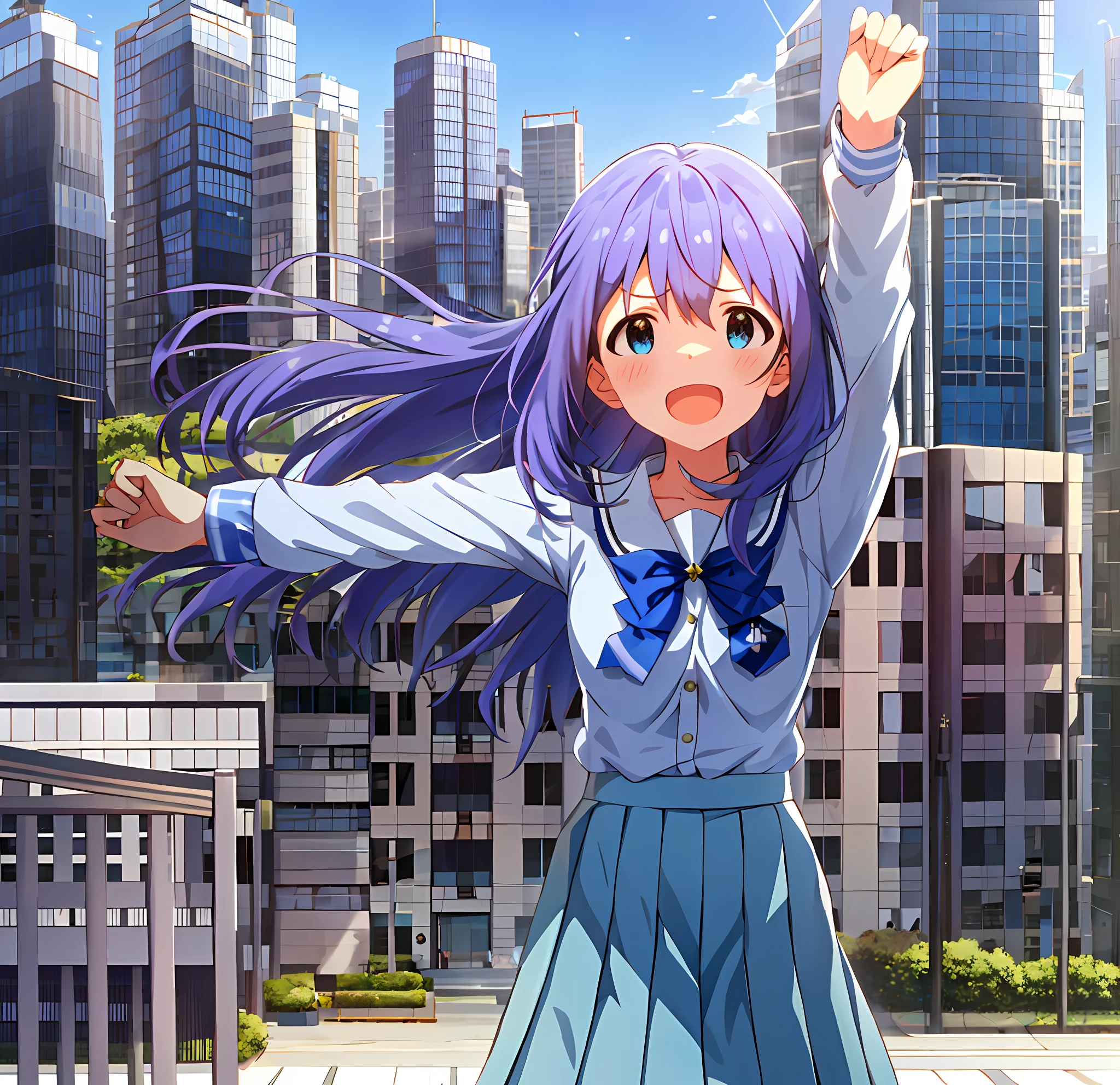 Anna Mochizuki (Million Live), Shiny Trinity \ (Costume), (Best Quality, 8K, Masterpiece, Super Detail: 1.2), Sea, Sun, Dappled Sunlight, Blue Sky, Beautiful Clouds, 1 Girl, Solo, Skirt, Open Mouth, V, View Viewer, White Sailor Color, Blue Shirt, Sailor Color, Blue Skirt, Pleated Skirt, Short Sleeve, :d, Shirt, School Uniform, Blush, Serafuk, Clavicle, Bow, ribbon, blue bow. (((Outside))). (((fighting stance))).,((((Giantization))).dynamic focus.small breasts. (((skyscrapers))). (((Cityscape))). (((Face of sadness))). Spread your arms, clench your fists.