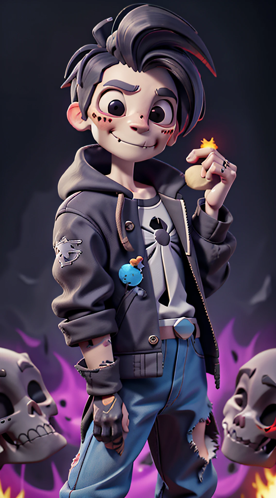 A skeleton in pirate clothing, black hair and black eye, with black and torn clothing, blood marks, skull with pirate clothing, darkness, black eyes, scar on face, explosion of colors in the background, looney tunes skull, with a brave face. skeleton arm, hair fulfilled