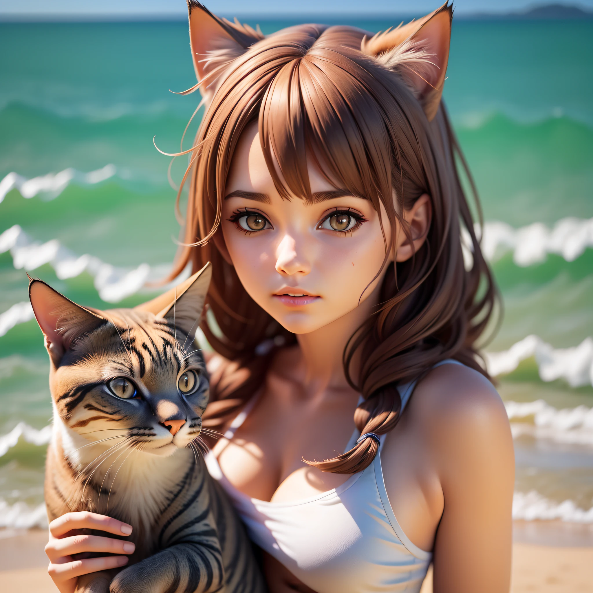 a girl, on the beach with cat, ((Realistic Lighting, Superior Quality, 8K, Masterpiece: 1.3))